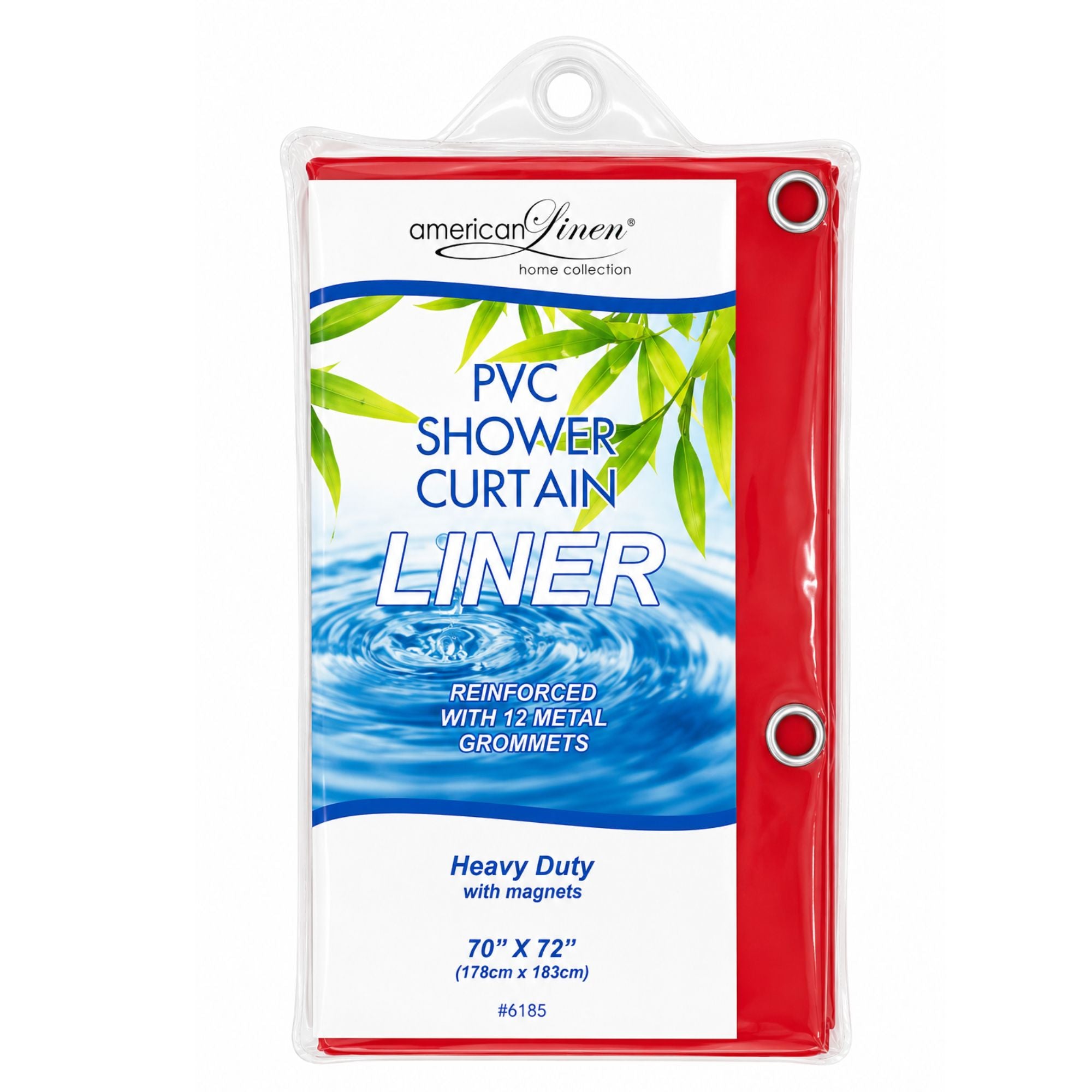 PVC shower curtain liner packaging with blue water design and green leaves on a white background