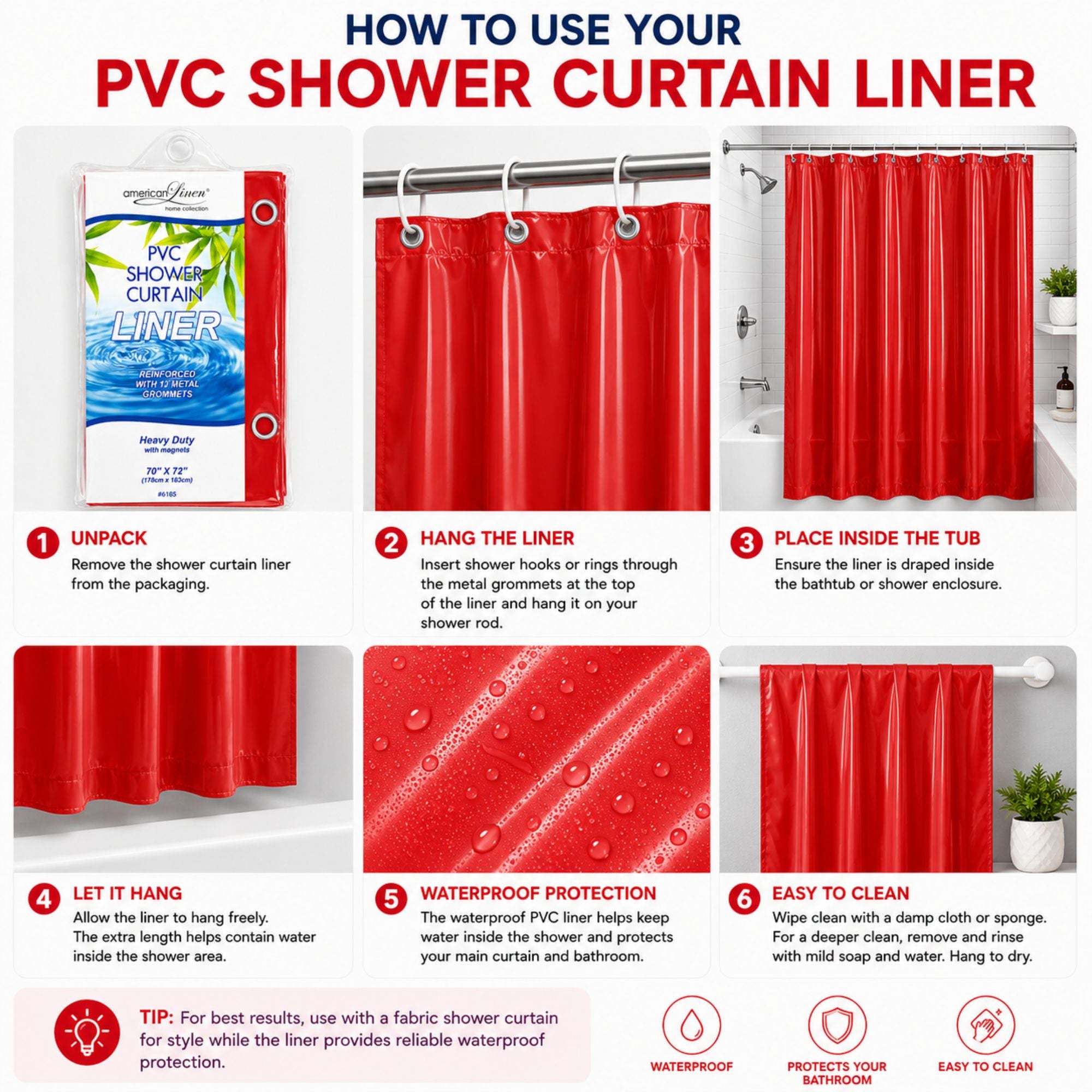 Step-by-step guide on how to use a PVC shower curtain liner with images and text.