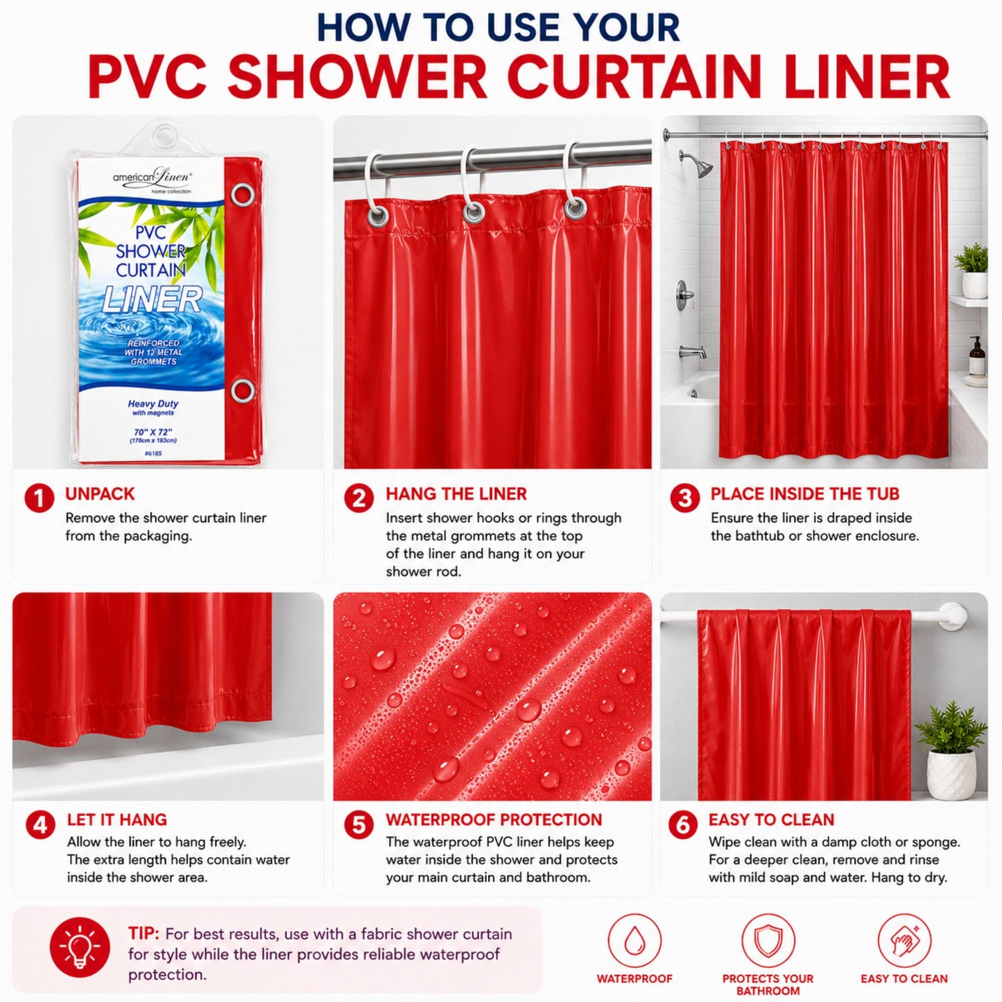 Step-by-step guide on how to use a PVC shower curtain liner with images and text.