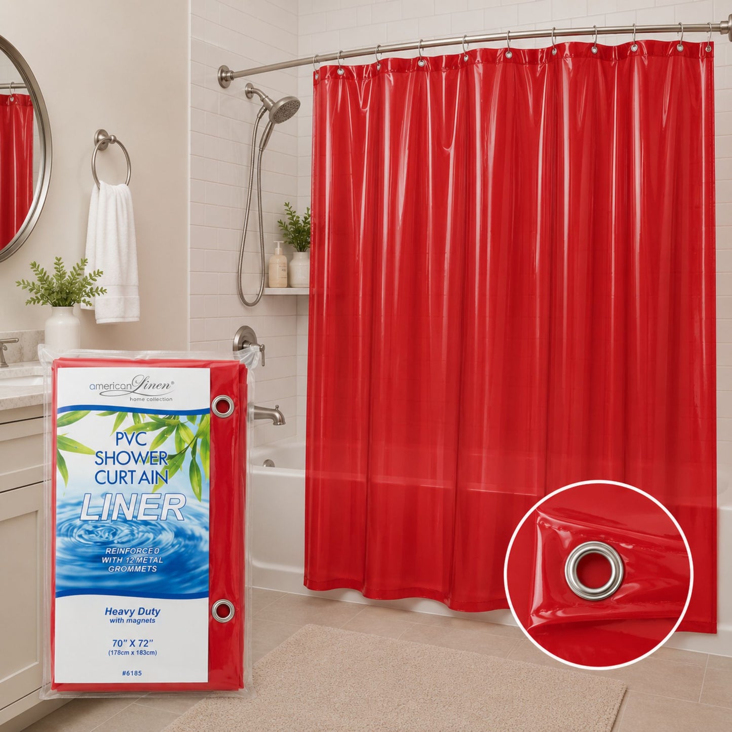 Red shower curtain with liner packaging in a bathroom setting