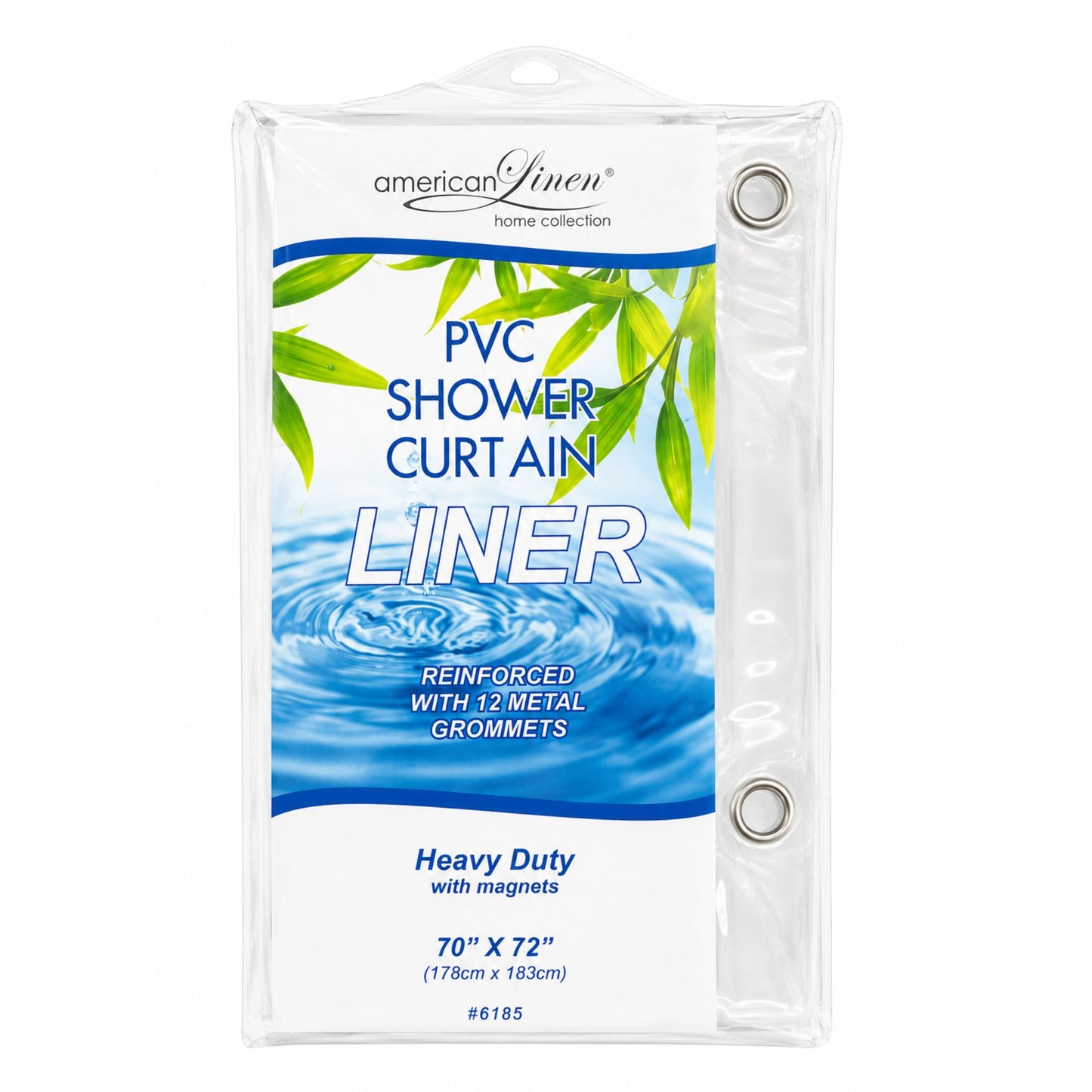 PVC shower curtain liner packaging with blue water design and green leaves on a white background