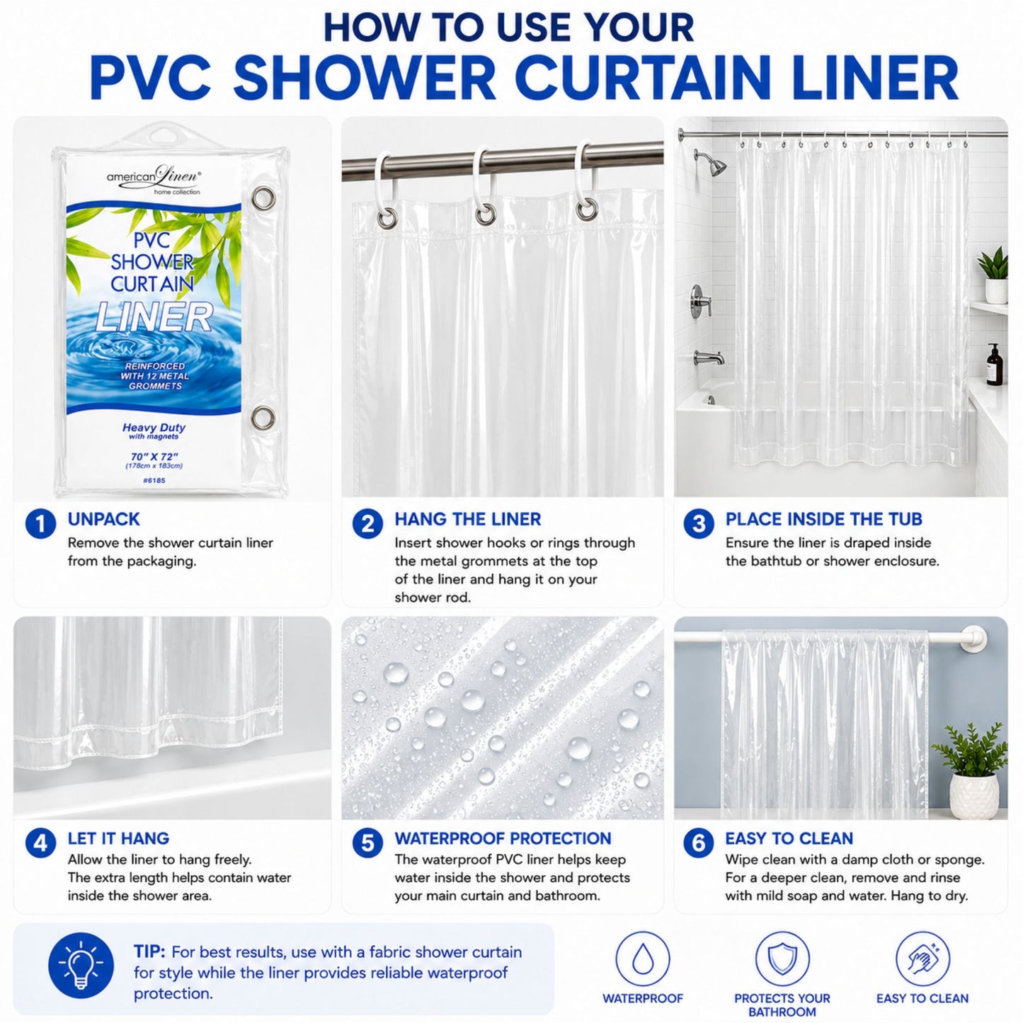 Step-by-step guide on how to use a PVC shower curtain liner with visual illustrations.