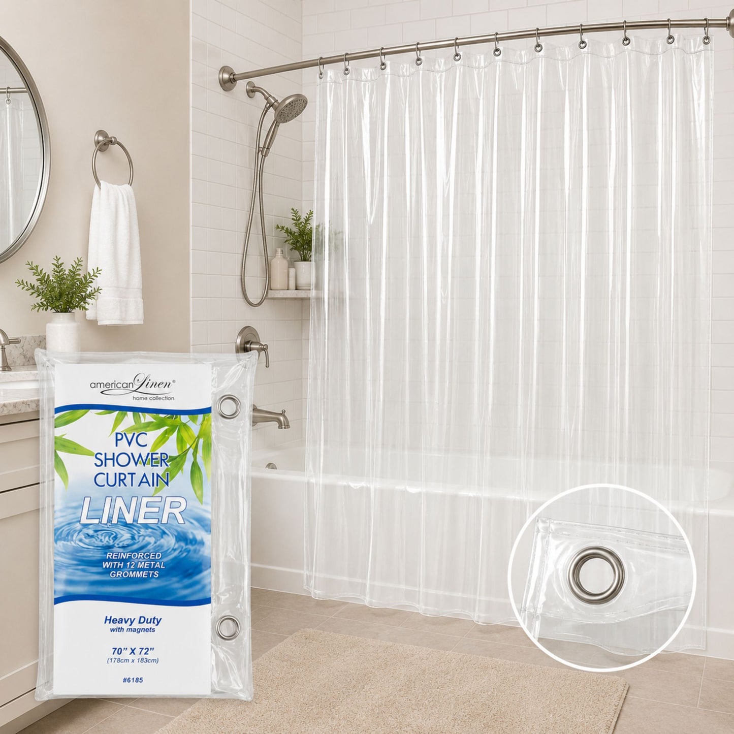 Clear shower curtain liner with packaging in a bathroom setting