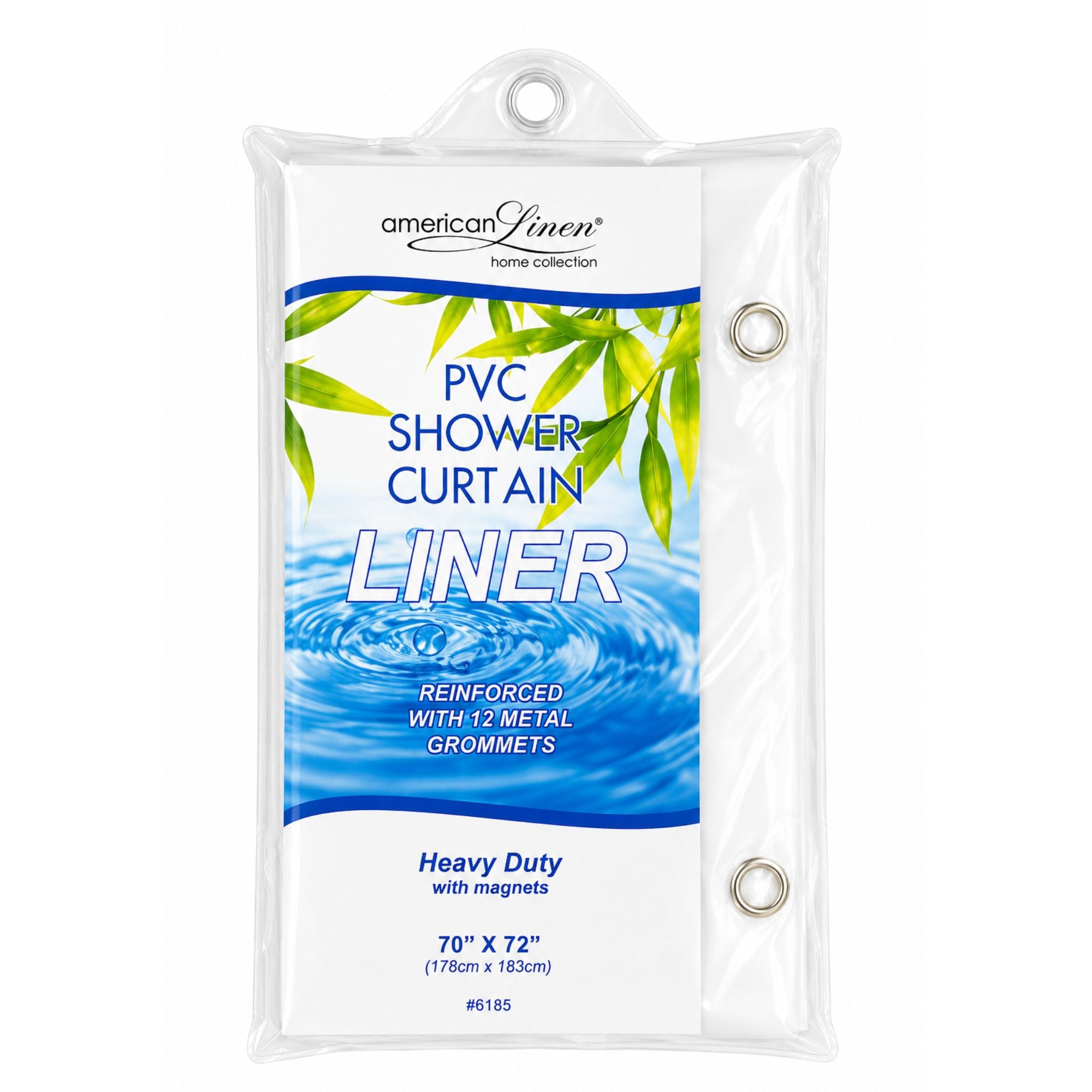 PVC shower curtain liner packaging with blue water design and green leaves on a white background