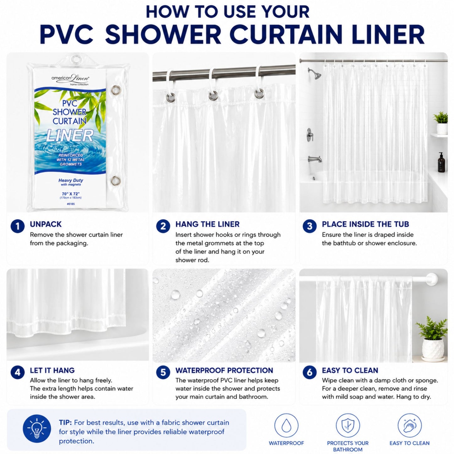 Instructions on how to use a PVC shower curtain liner with a visual of the product and steps.