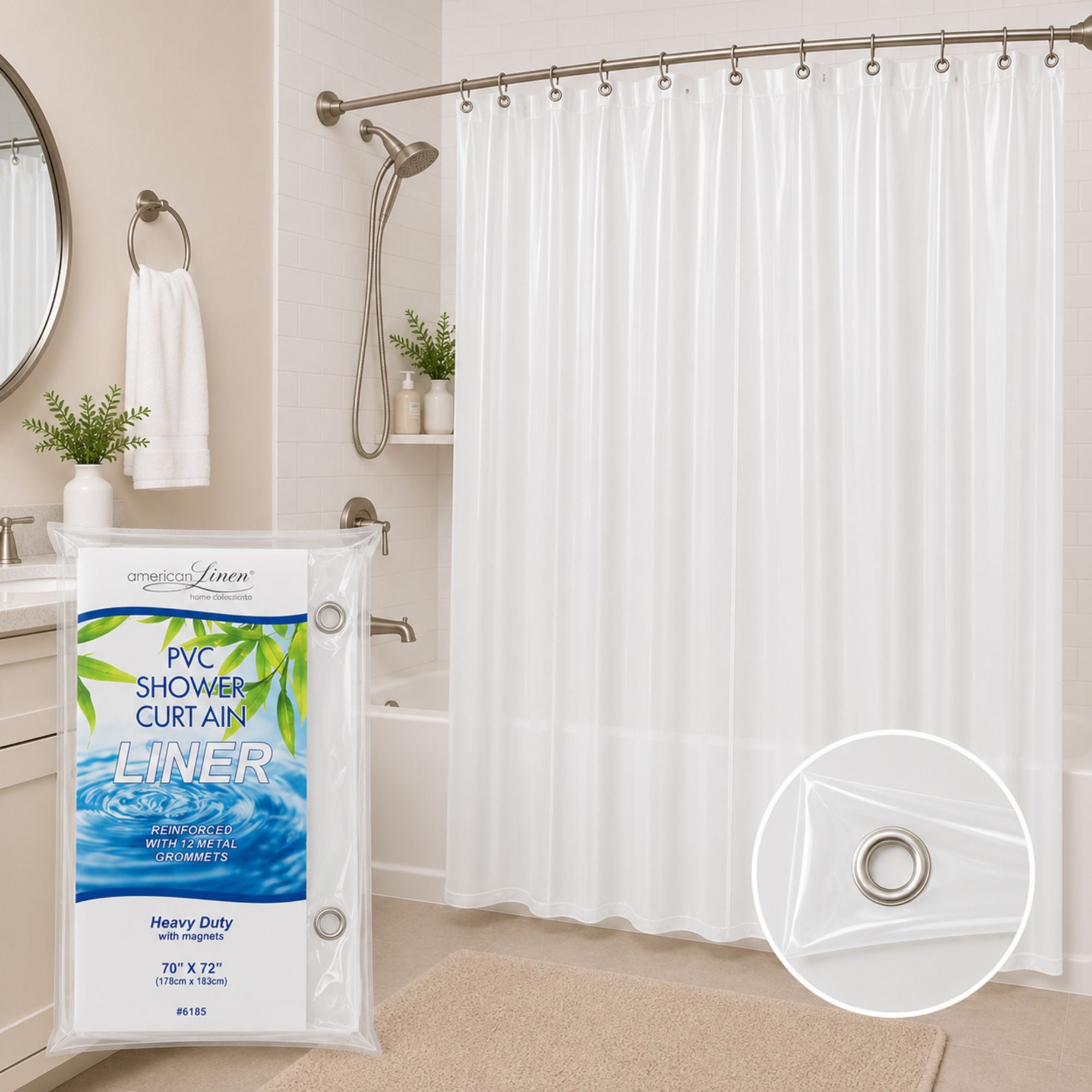 White shower curtain with liner packaging in a bathroom setting