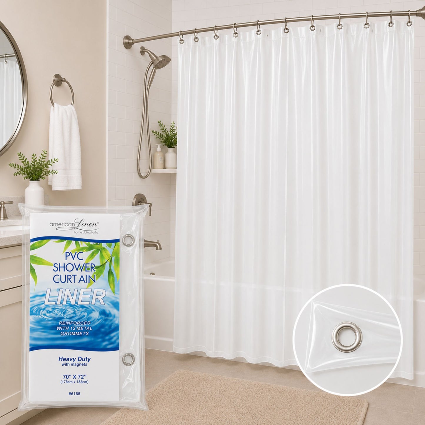 White shower curtain with liner packaging in a bathroom setting