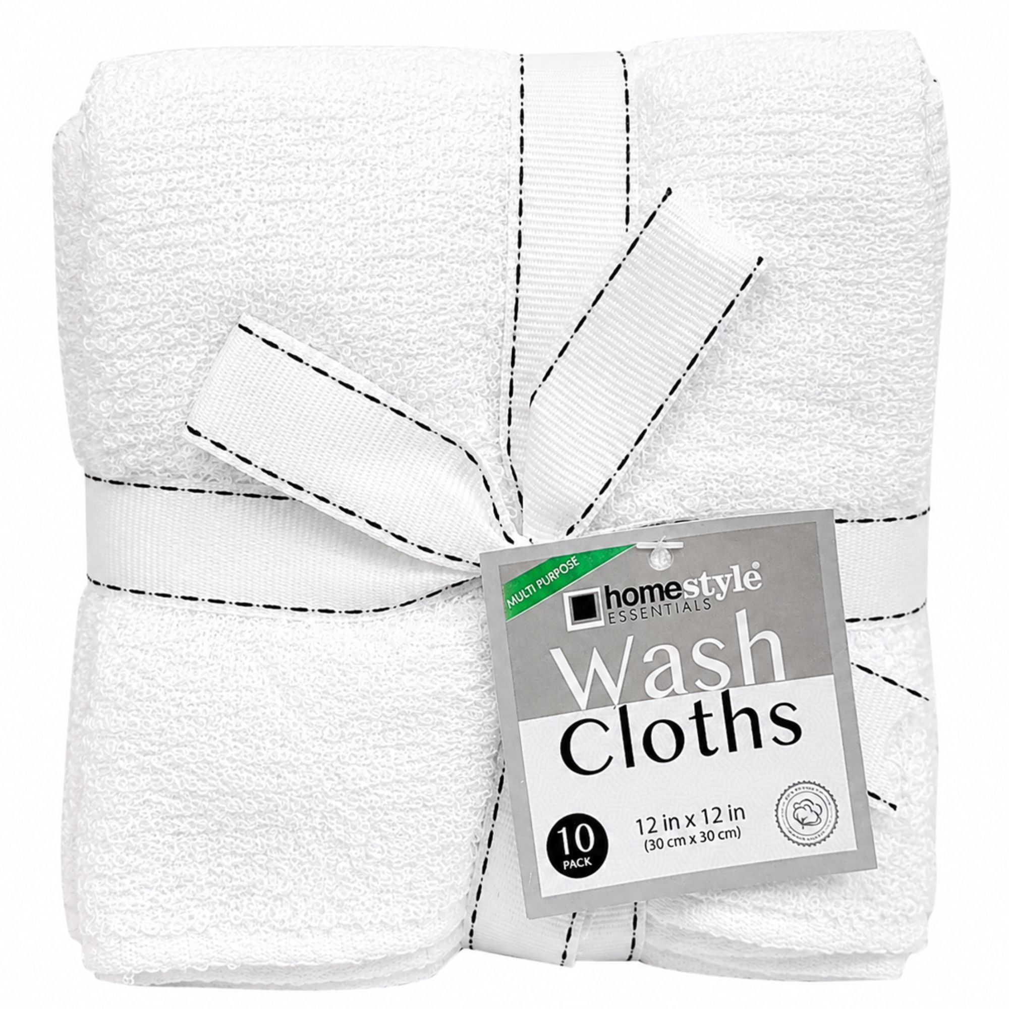 Packaged white wash cloths with a label on a white background
