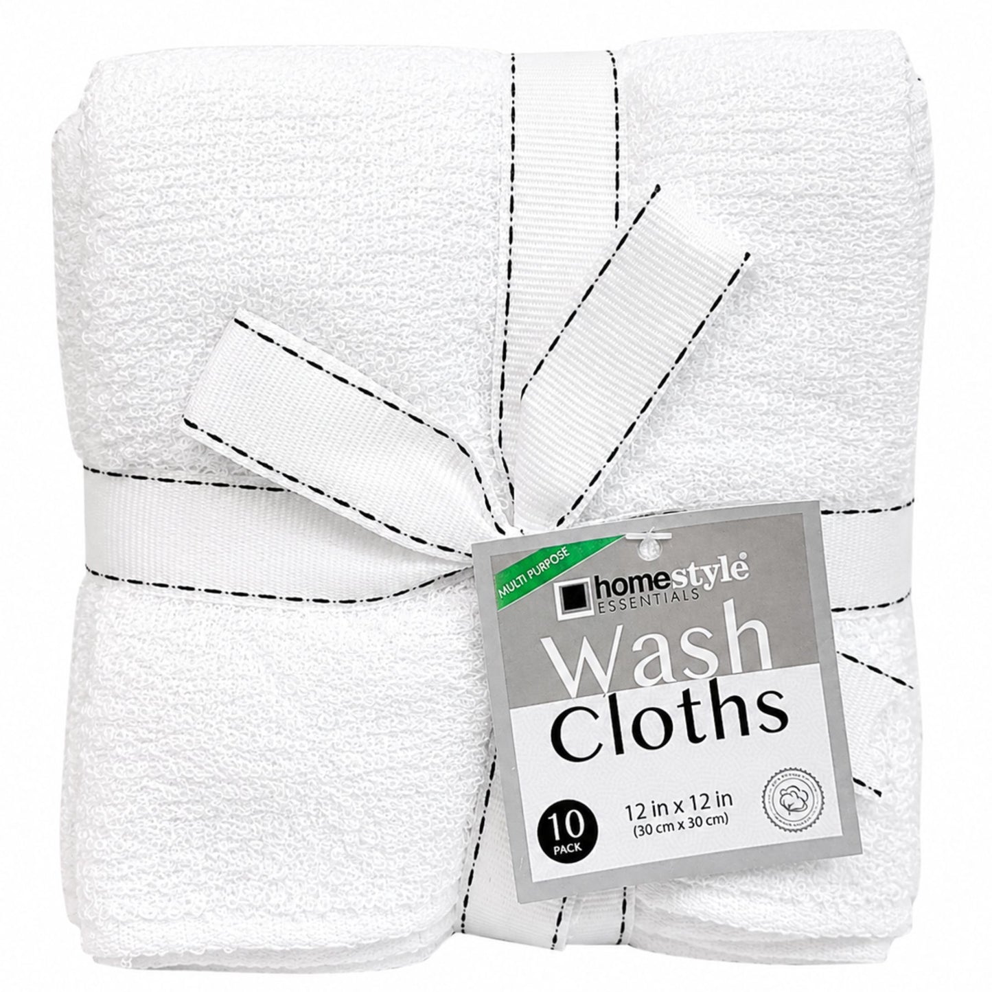 Packaged white wash cloths with a label on a white background