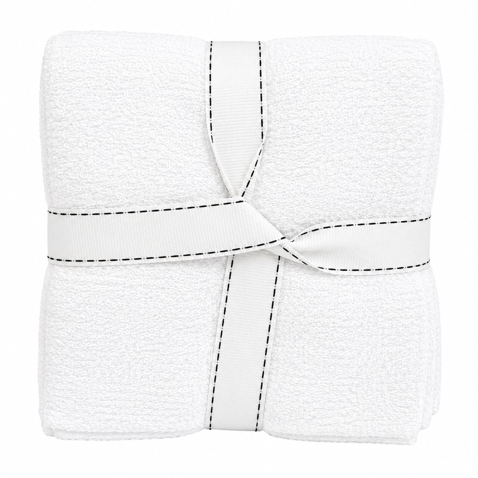 White towel with black stitching on a white background