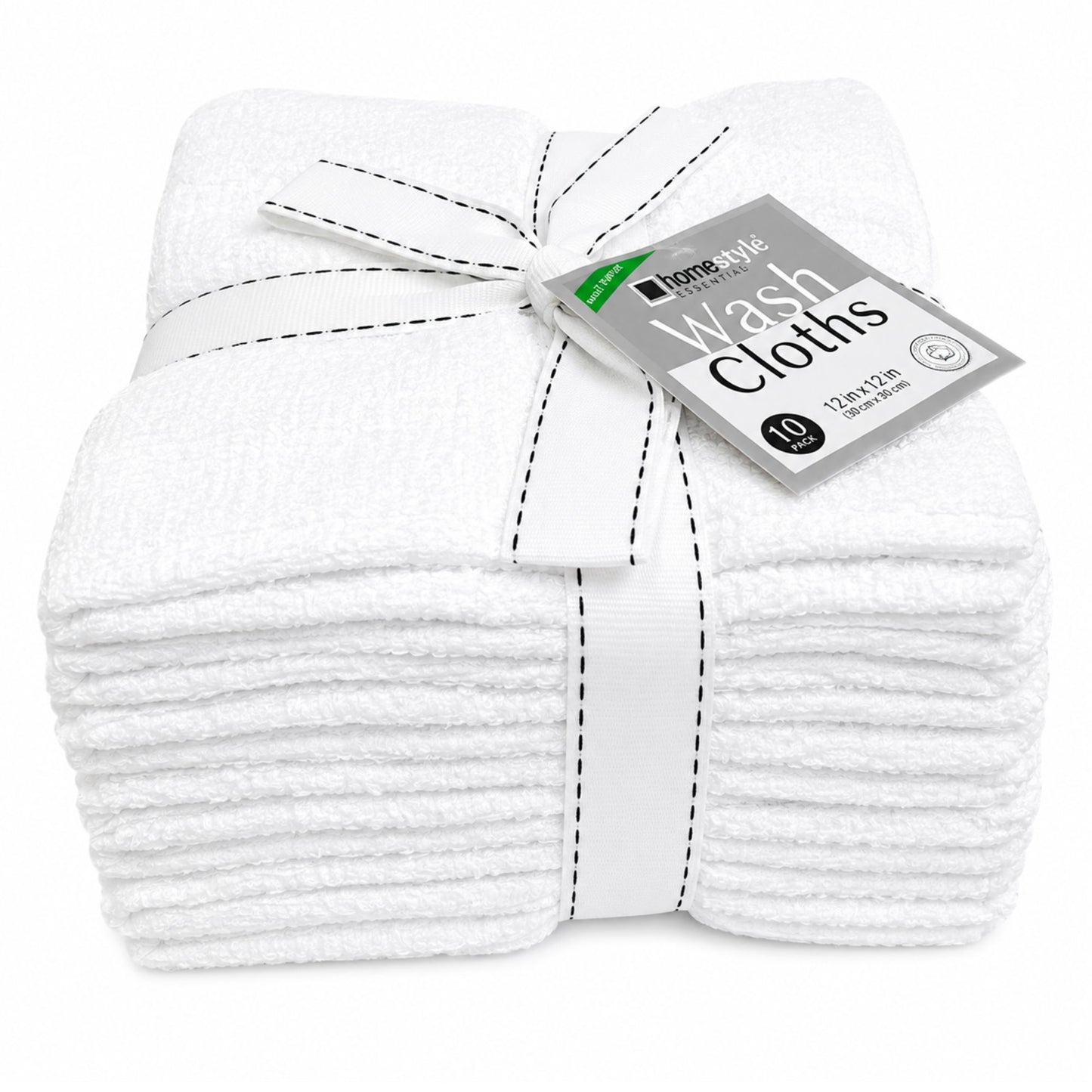 Pack of white wash cloths with a label on a white background