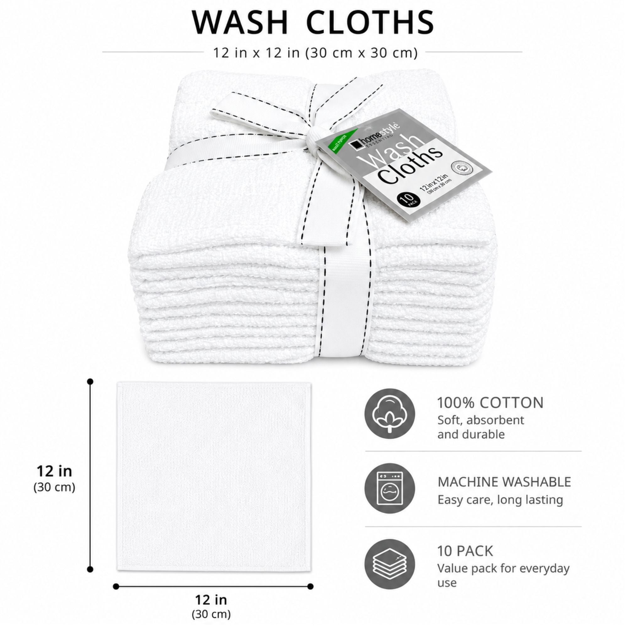 Pack of white wash cloths with product details on a white background