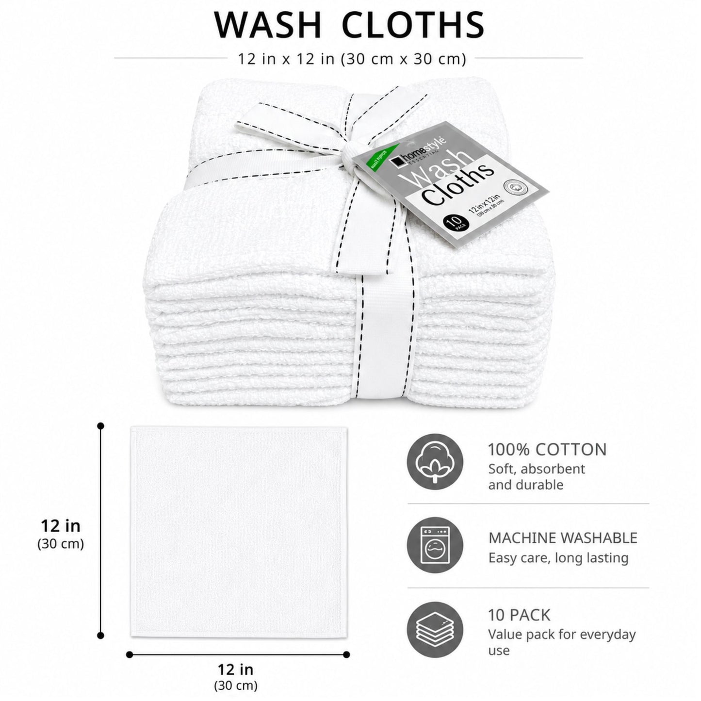 Pack of white wash cloths with product details on a white background