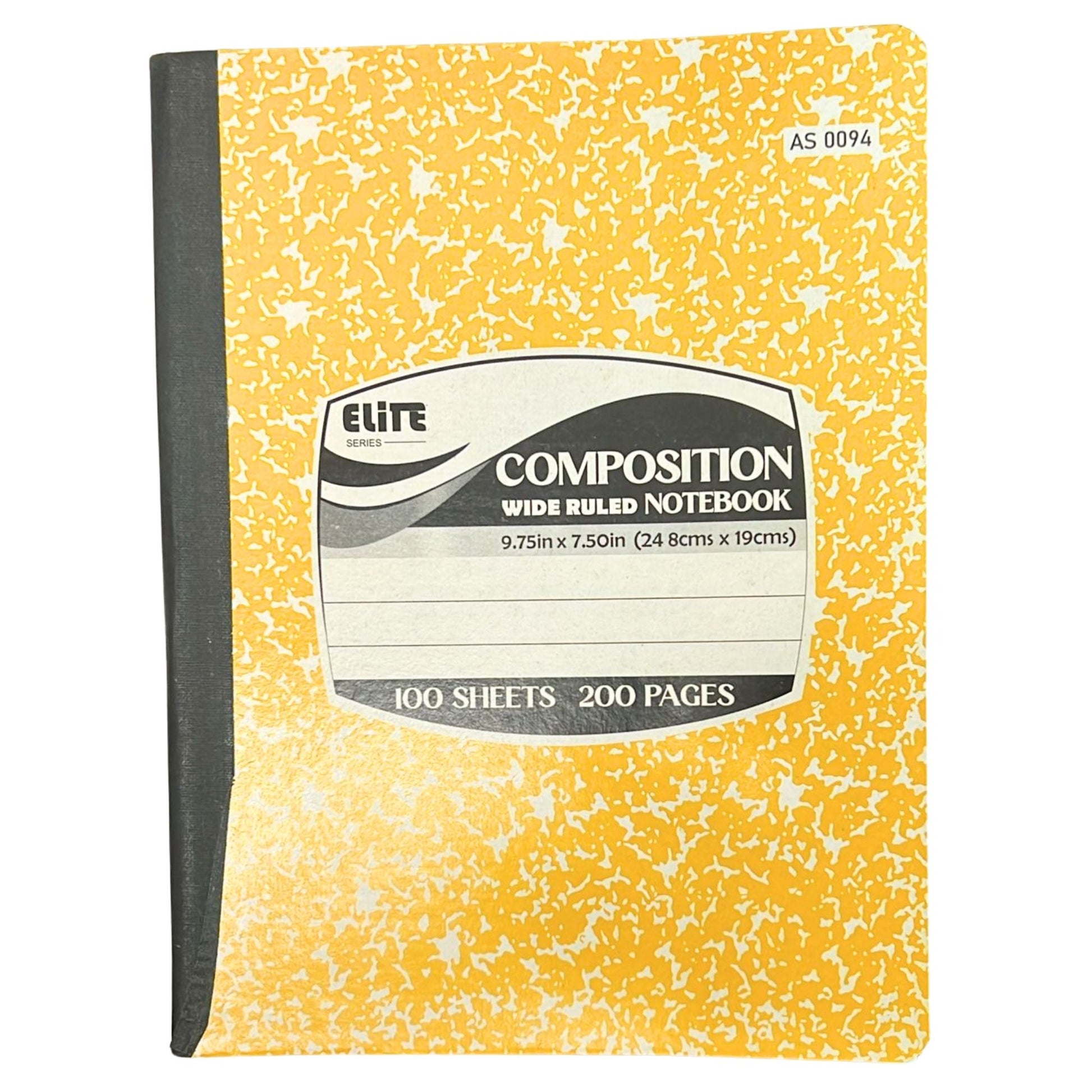 Yellow composition notebook with speckled pattern and 'Elite' branding on a white background