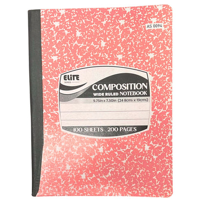 Pink composition notebook with black text and branding on a white background