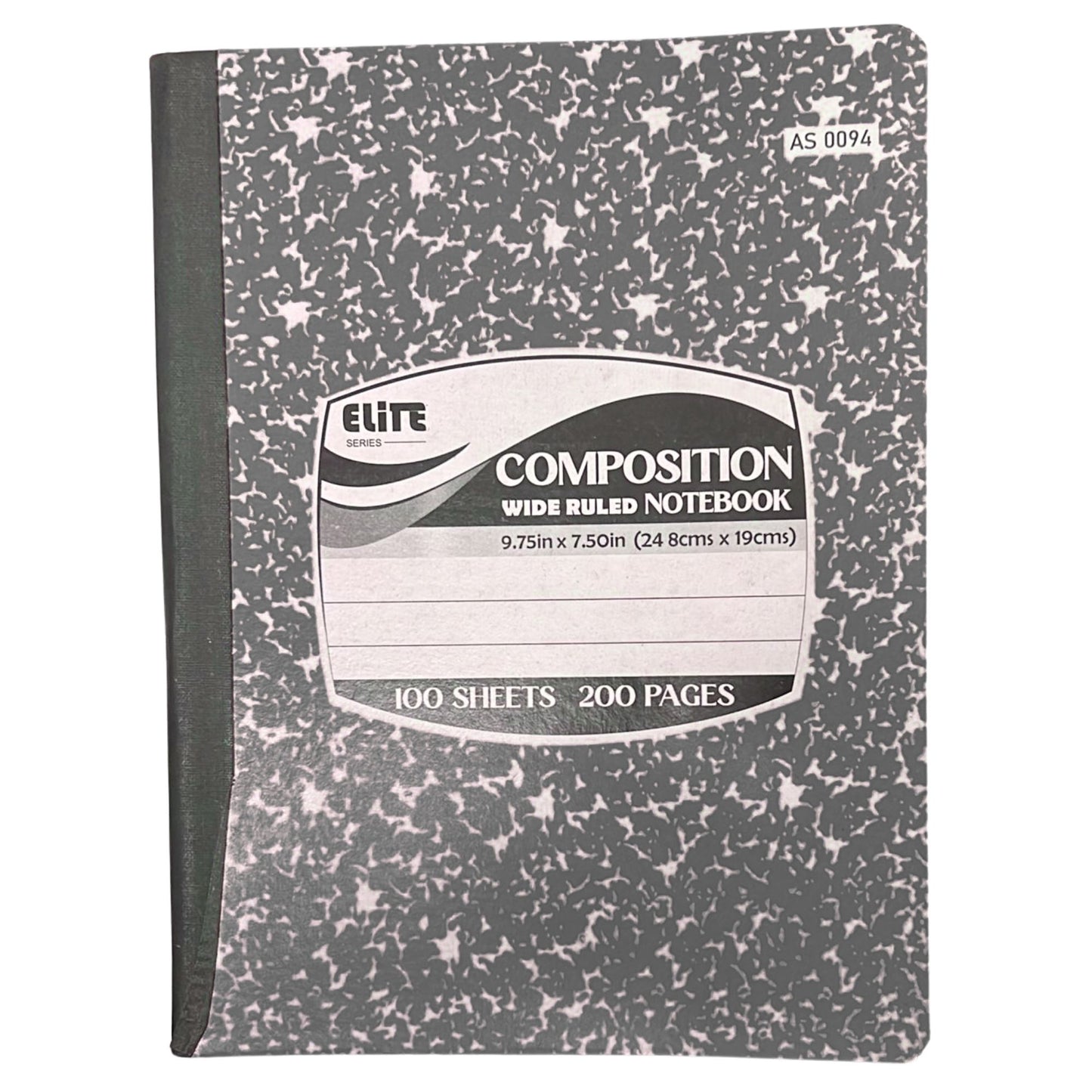 Composition notebook with speckled cover and Elite branding on a white background
