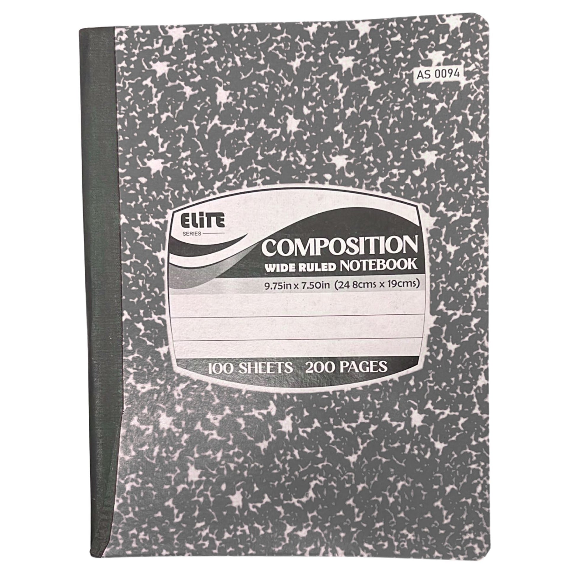 Composition notebook with speckled cover and Elite branding on a white background