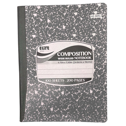 Composition notebook with speckled cover and Elite branding on a white background