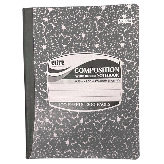 Composition notebook with speckled cover and Elite branding on a white background