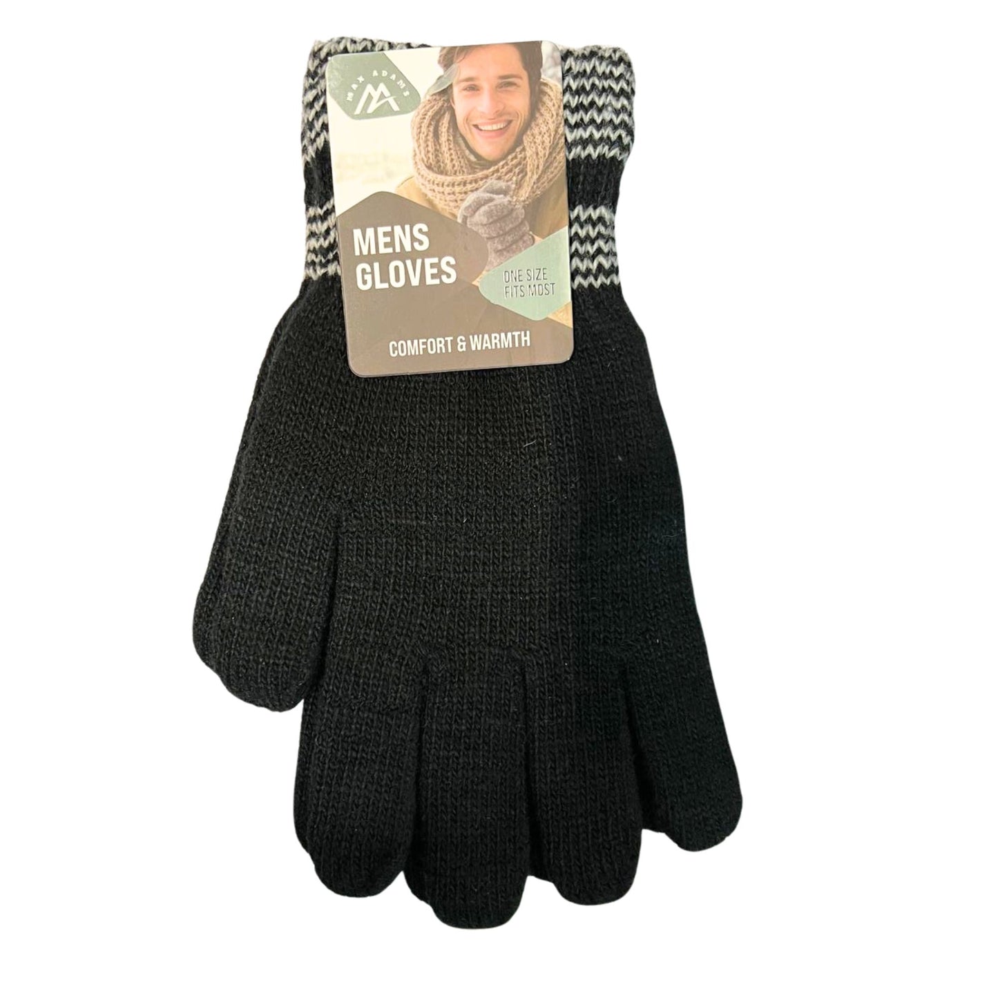 Black gloves with a brand label on a white background