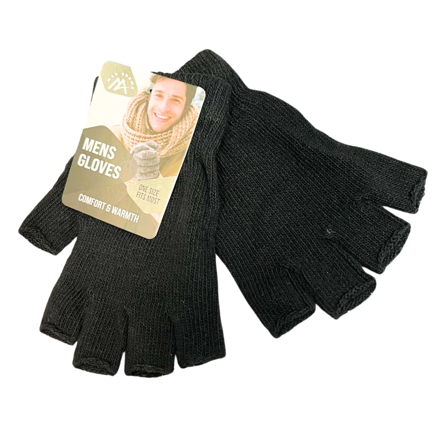 Black men's gloves with a visible brand tag on a white background