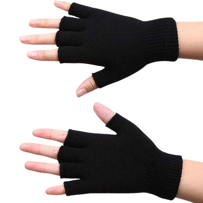 Black fingerless gloves worn on a white background