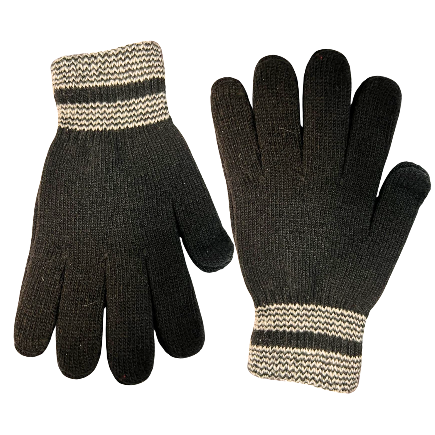 Pair of black gloves with striped cuffs on a white background