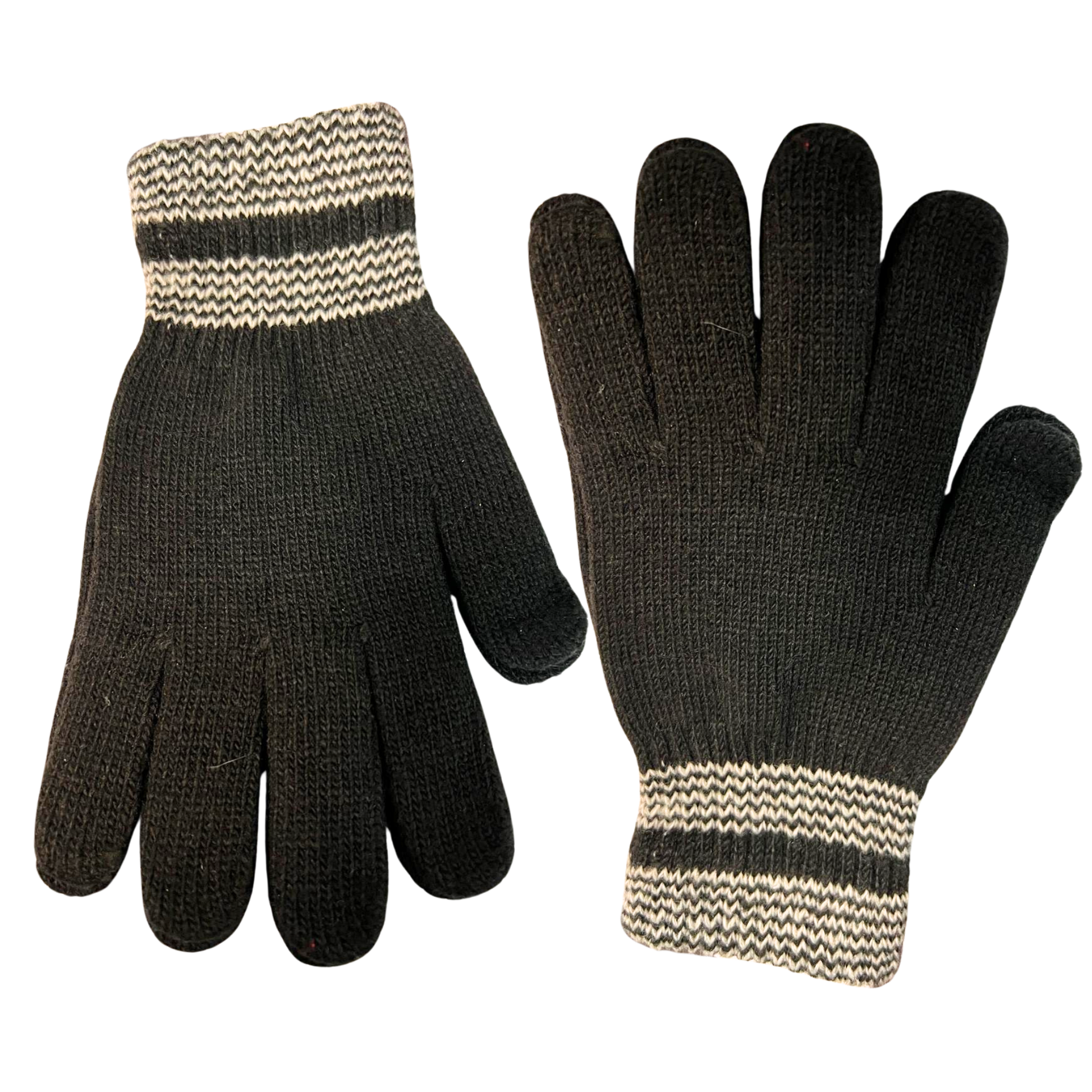 Pair of black gloves with striped cuffs on a white background