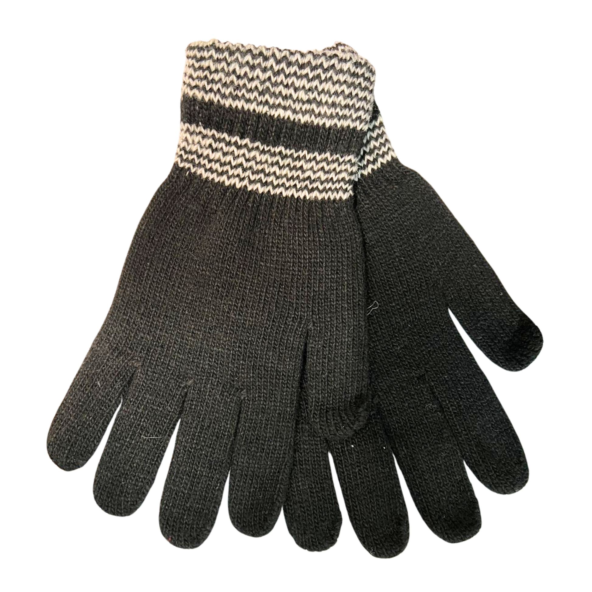 Pair of black gloves with a patterned cuff on a white background