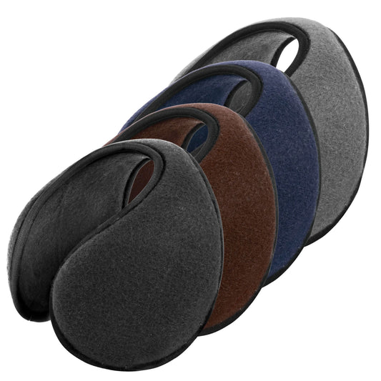 Set of four ear muffs in gray, blue, brown, and black on a white background