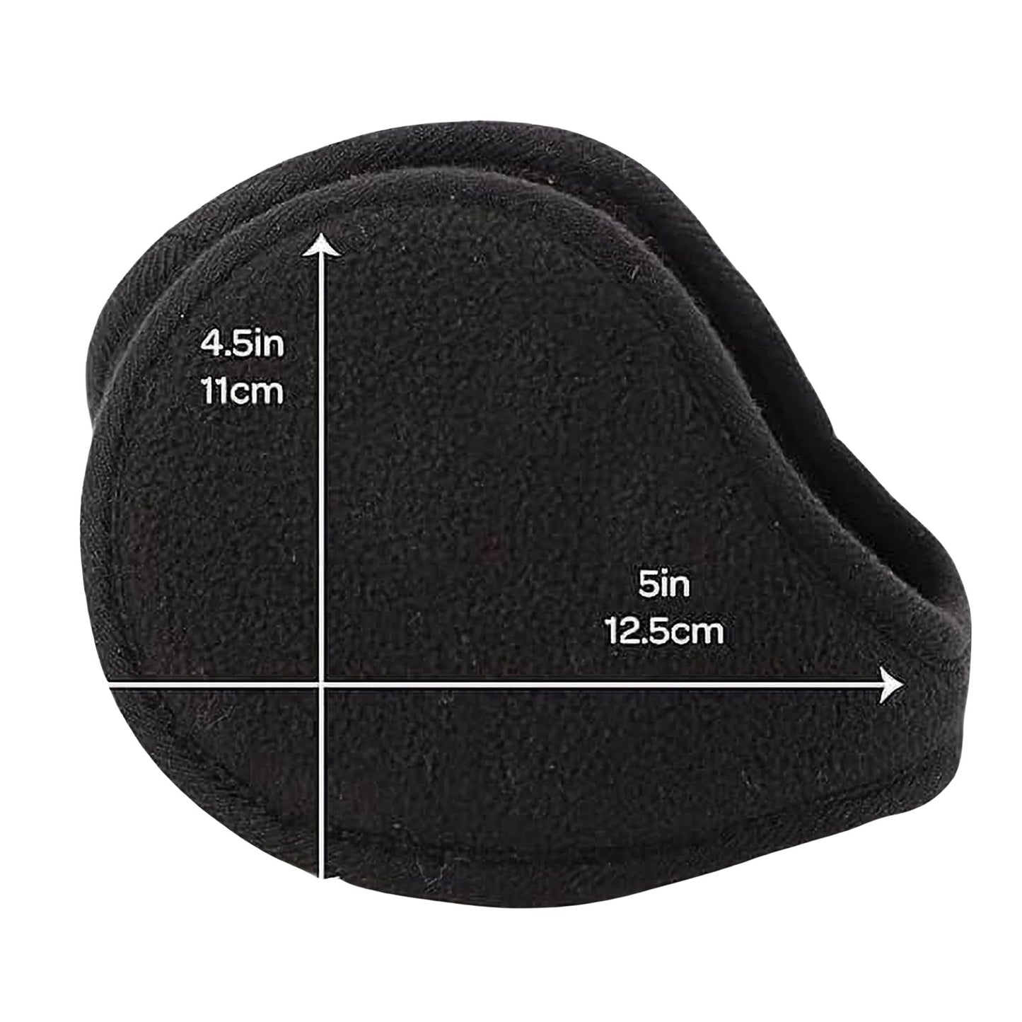 Black ear muffs with measurements on a white background