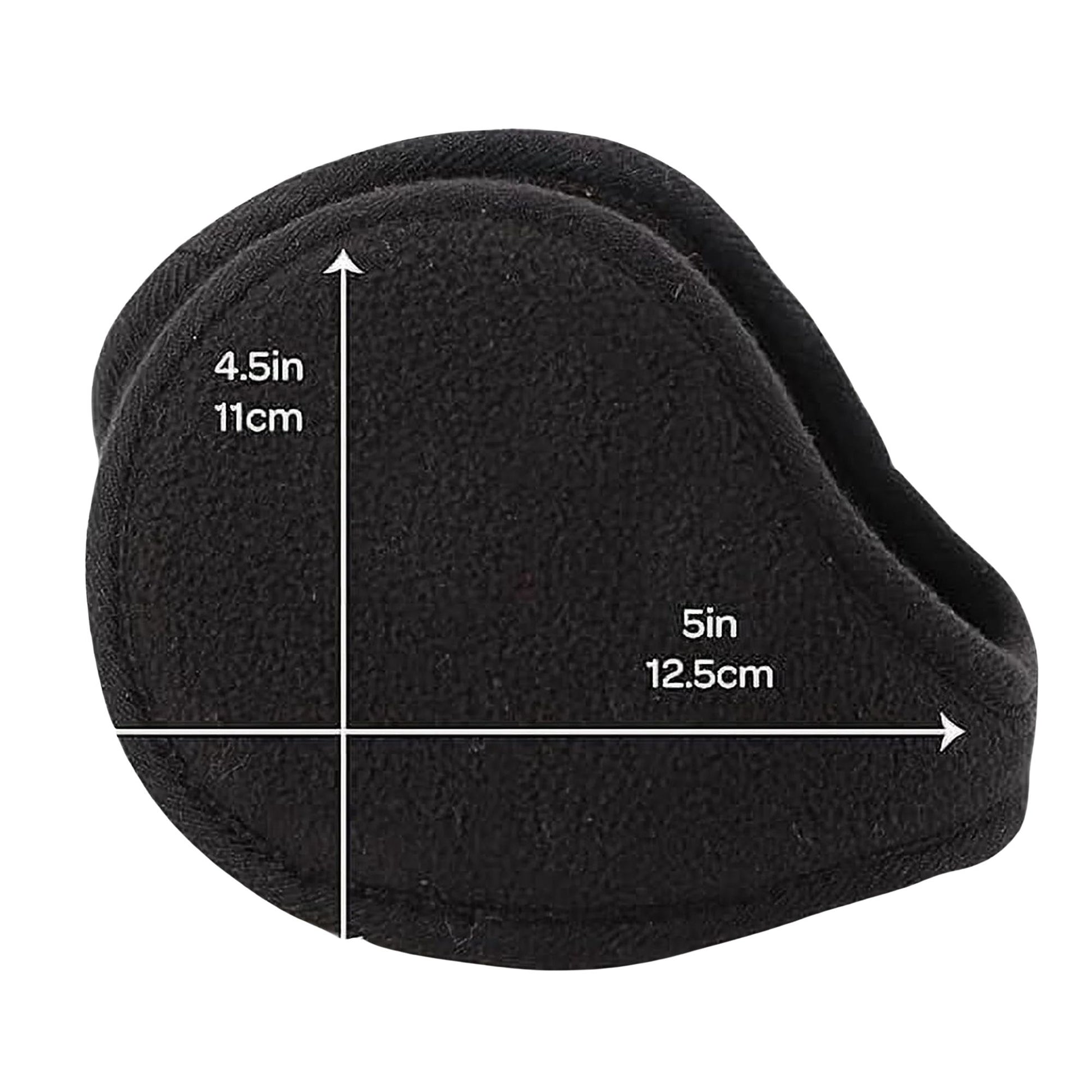 Black ear muffs with measurements on a white background