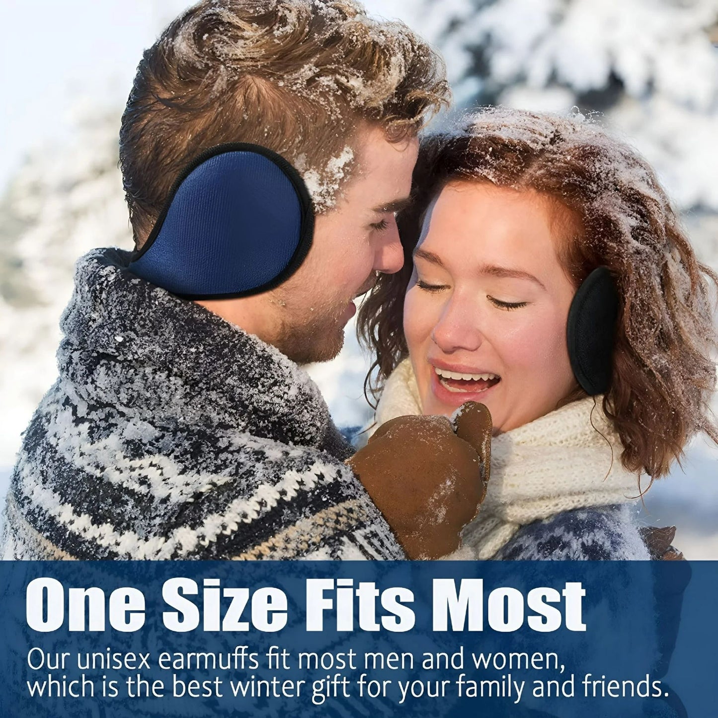 Two people wearing blue ear muffs in a snowy setting with text about ear muffs fitting most people.