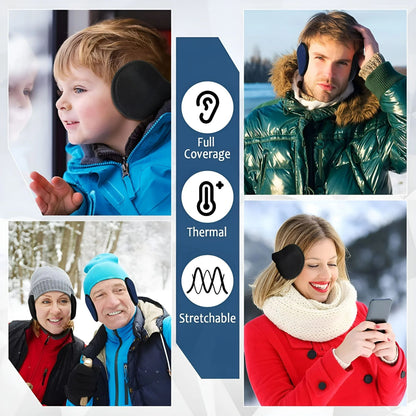 Collage of people wearing winter ear muffs with product features highlighted.