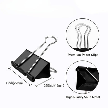 Black paper clip with measurements and quality details on a white background
