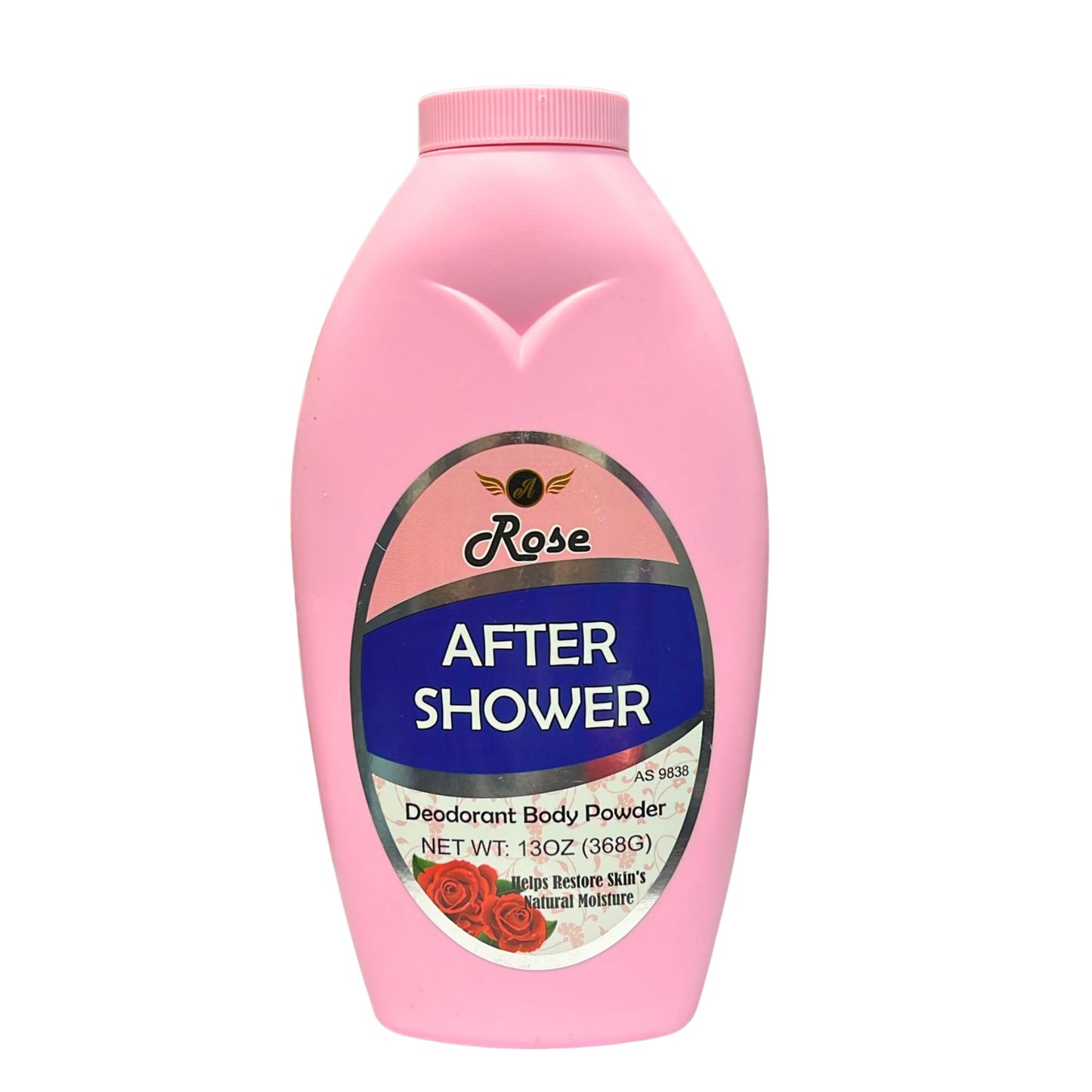 Pink bottle of 'After Shower' deodorant body powder with a label on a white background