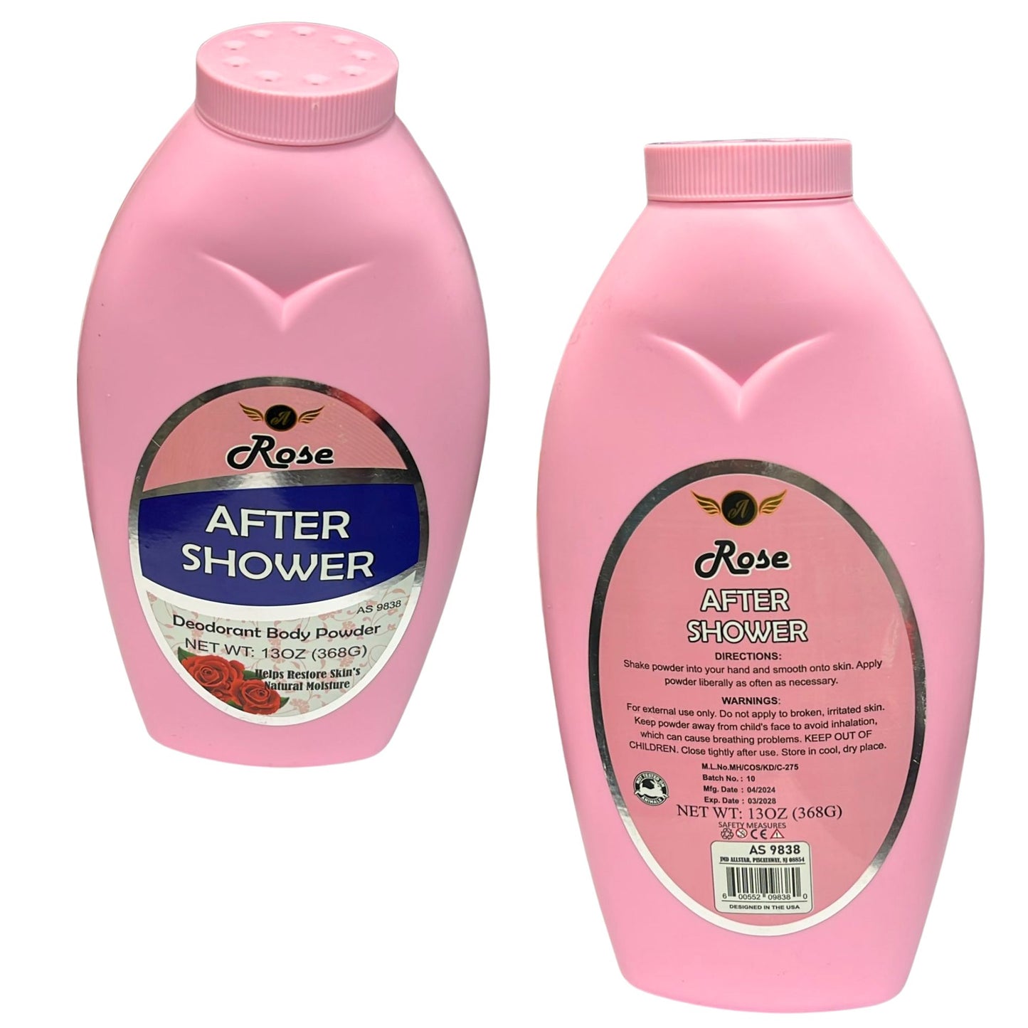 Two pink bottles of 'Rose After Shower' deodorant body powder on a white background.
