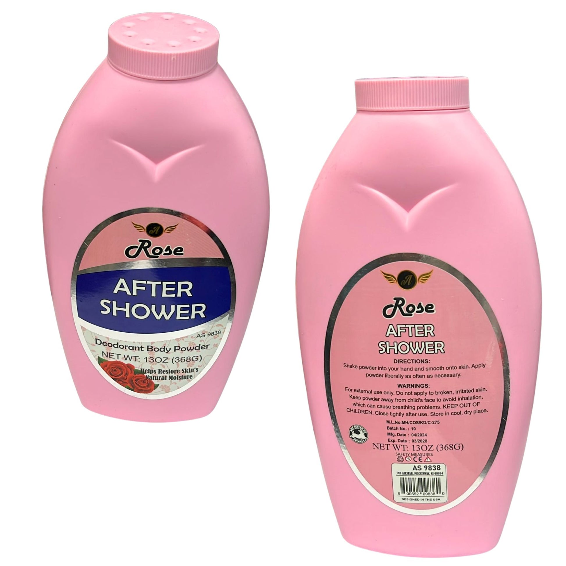 Two pink bottles of 'Rose After Shower' deodorant body powder on a white background.