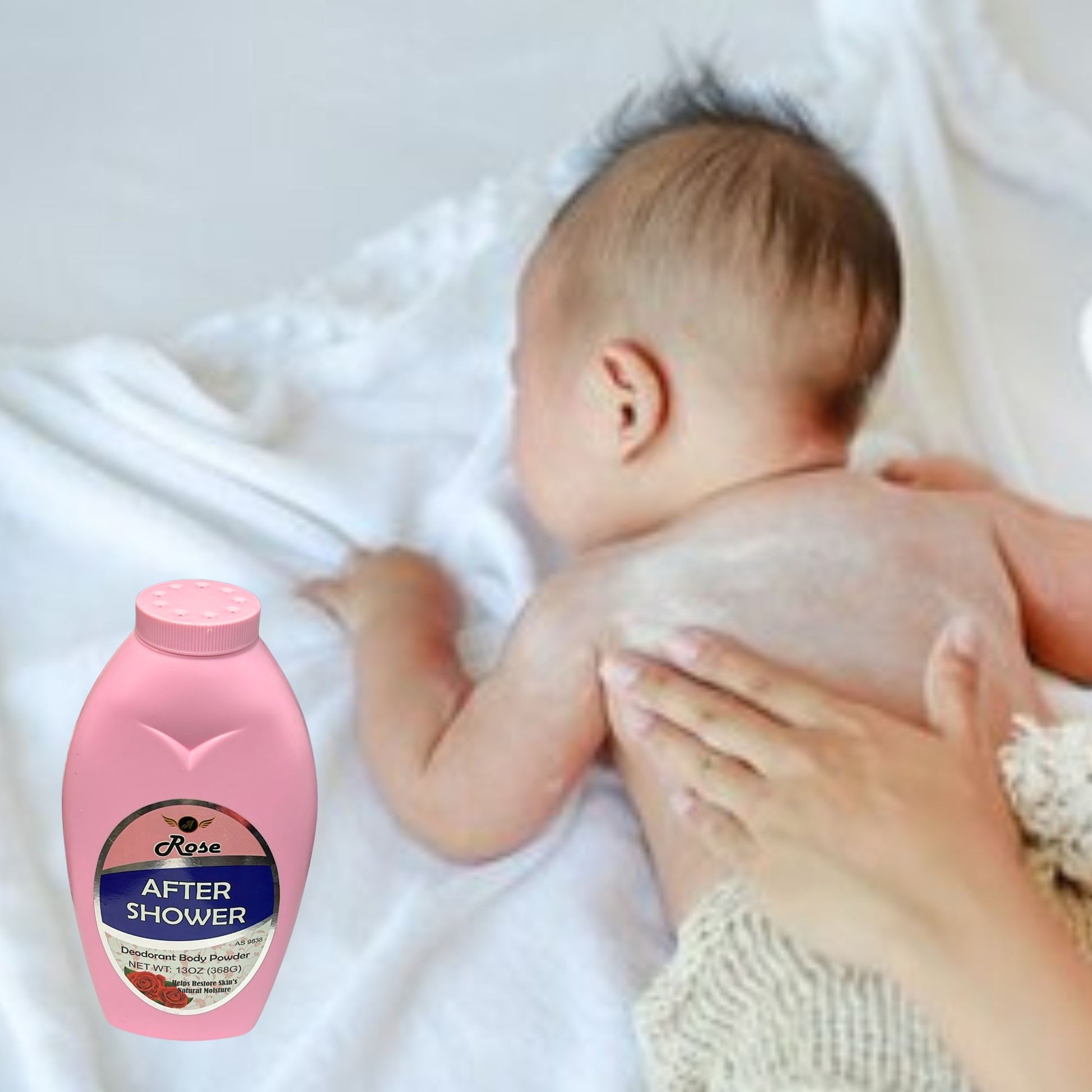 Baby being bathed with a bottle of 'After Shower' product in the foreground