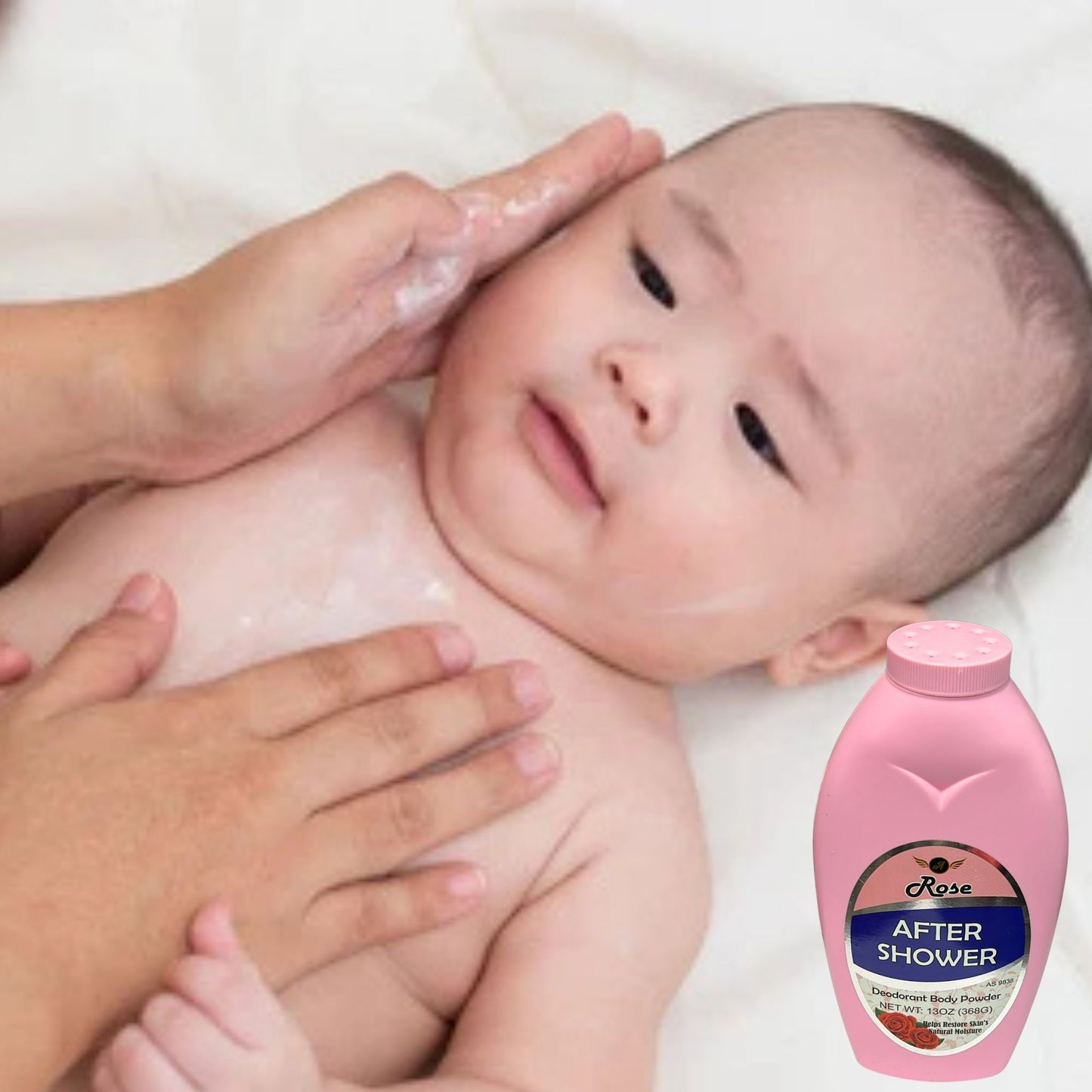 Baby being bathed with a bottle of 'After Shower' product in the corner.