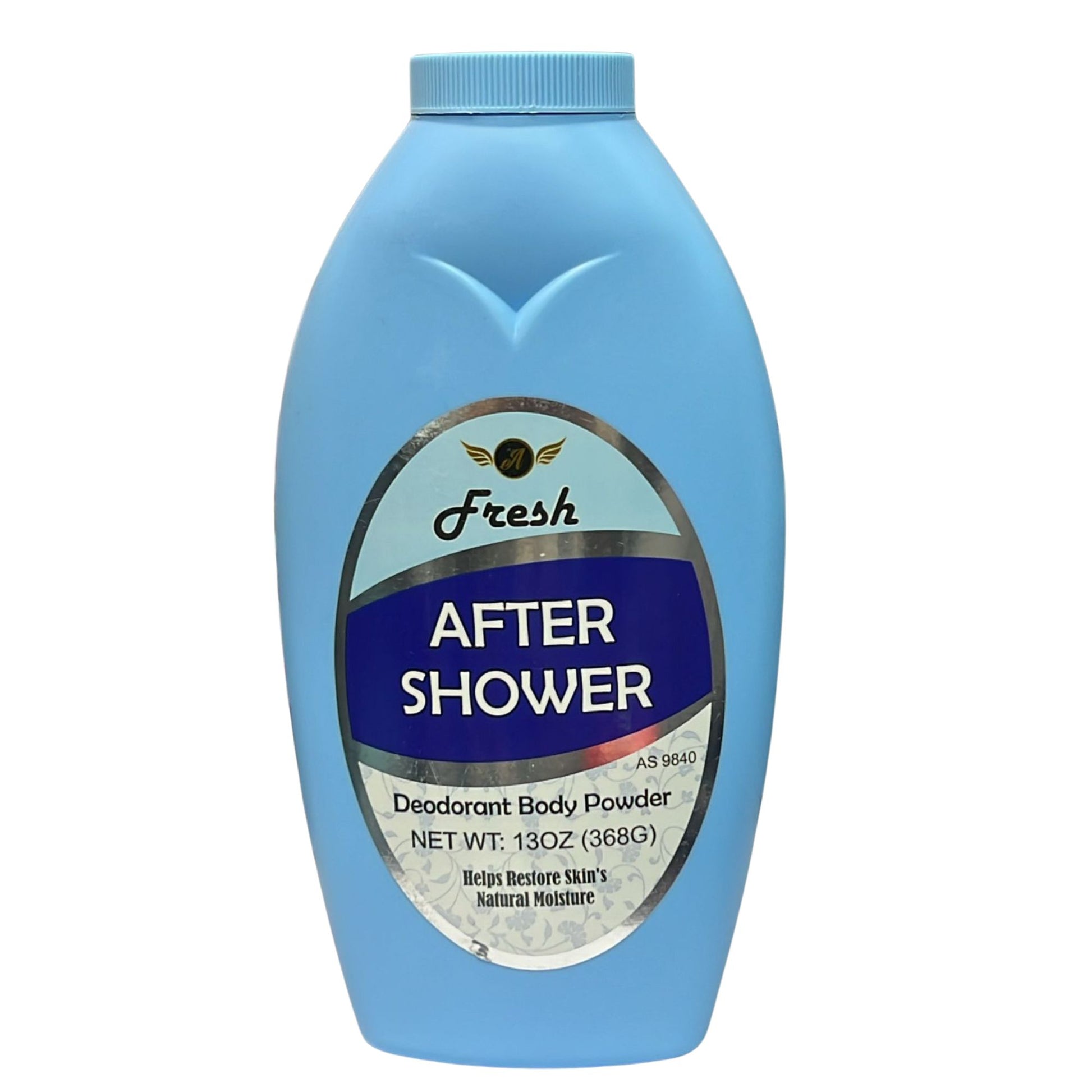 Blue bottle of Fresh After Shower Deodorant Body Powder on a white background