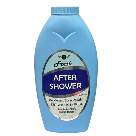 Blue bottle of Fresh After Shower Deodorant Body Powder on a white background