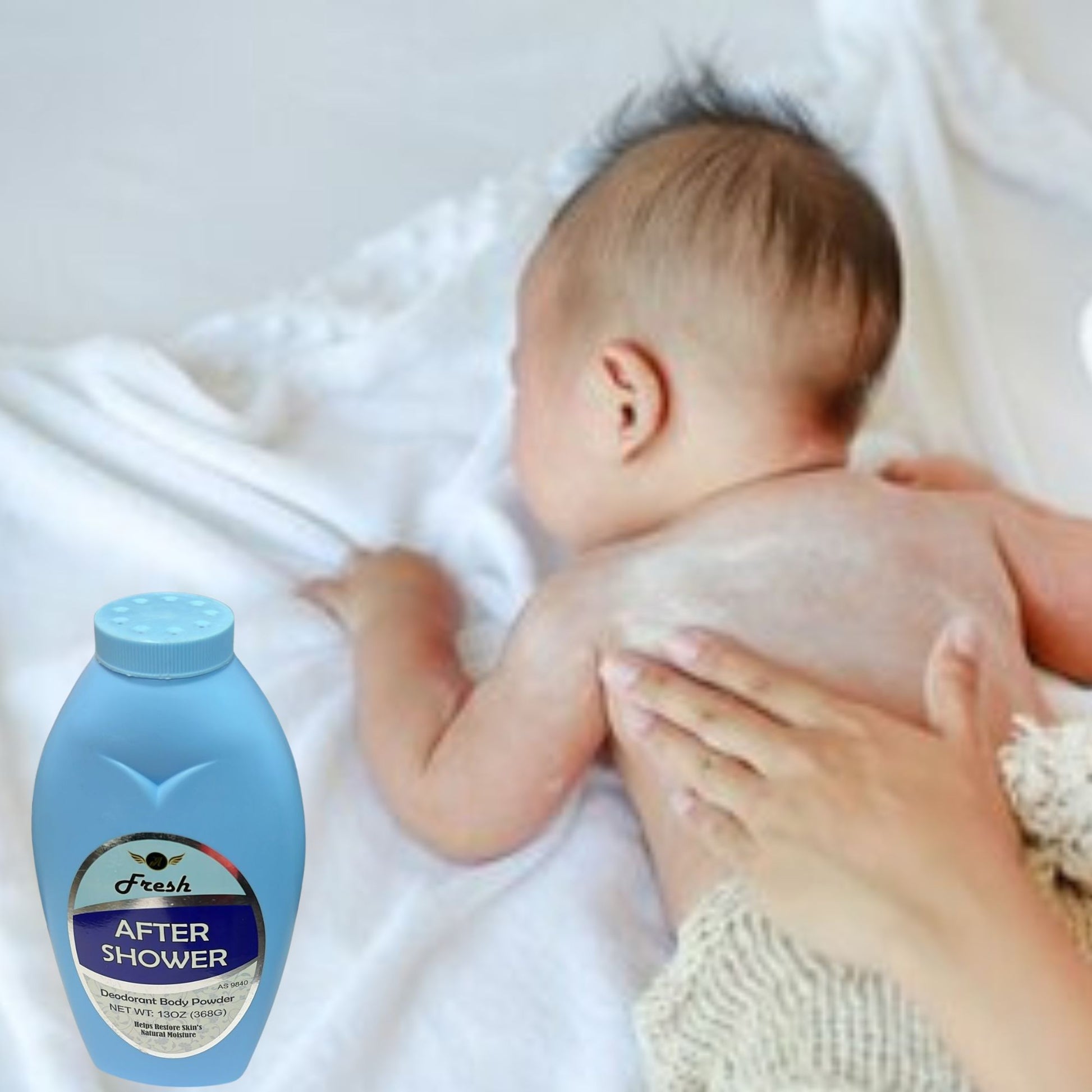 Baby being bathed with a bottle of 'After Shower' product in the foreground