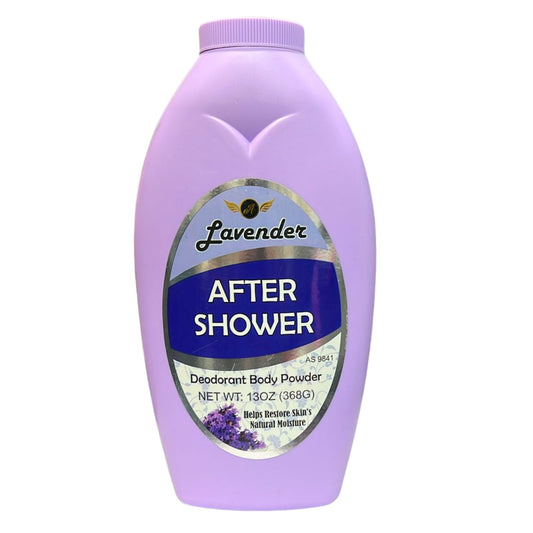 Purple bottle of after shower deodorant body powder with lavender label on a white background