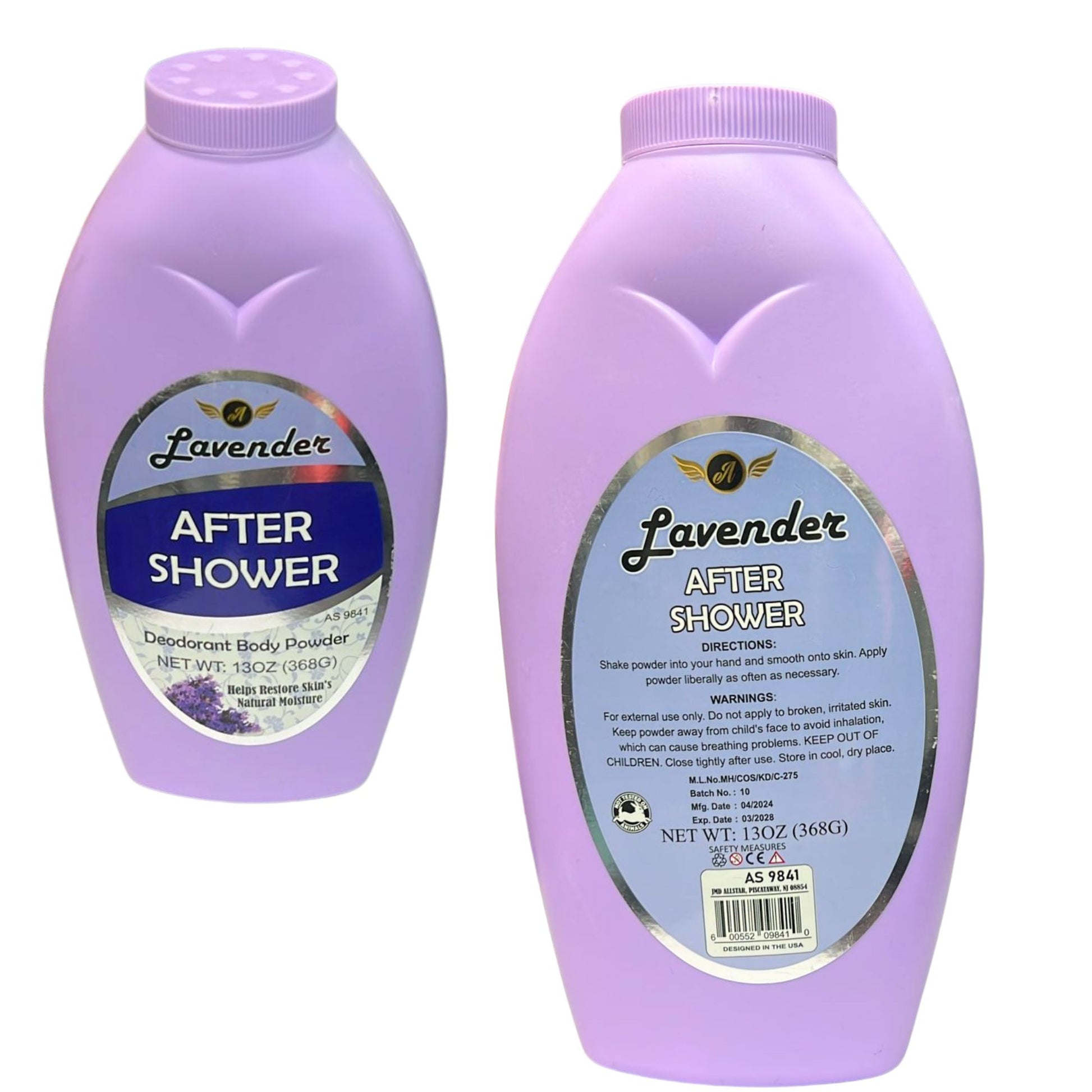 Two bottles of lavender after shower deodorant body powder on a white background