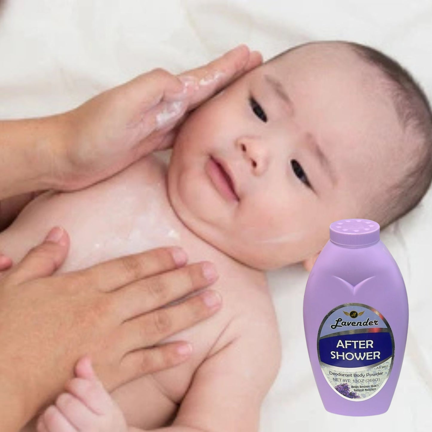 Baby being bathed with a bottle of lavender after shower body powder in the foreground.