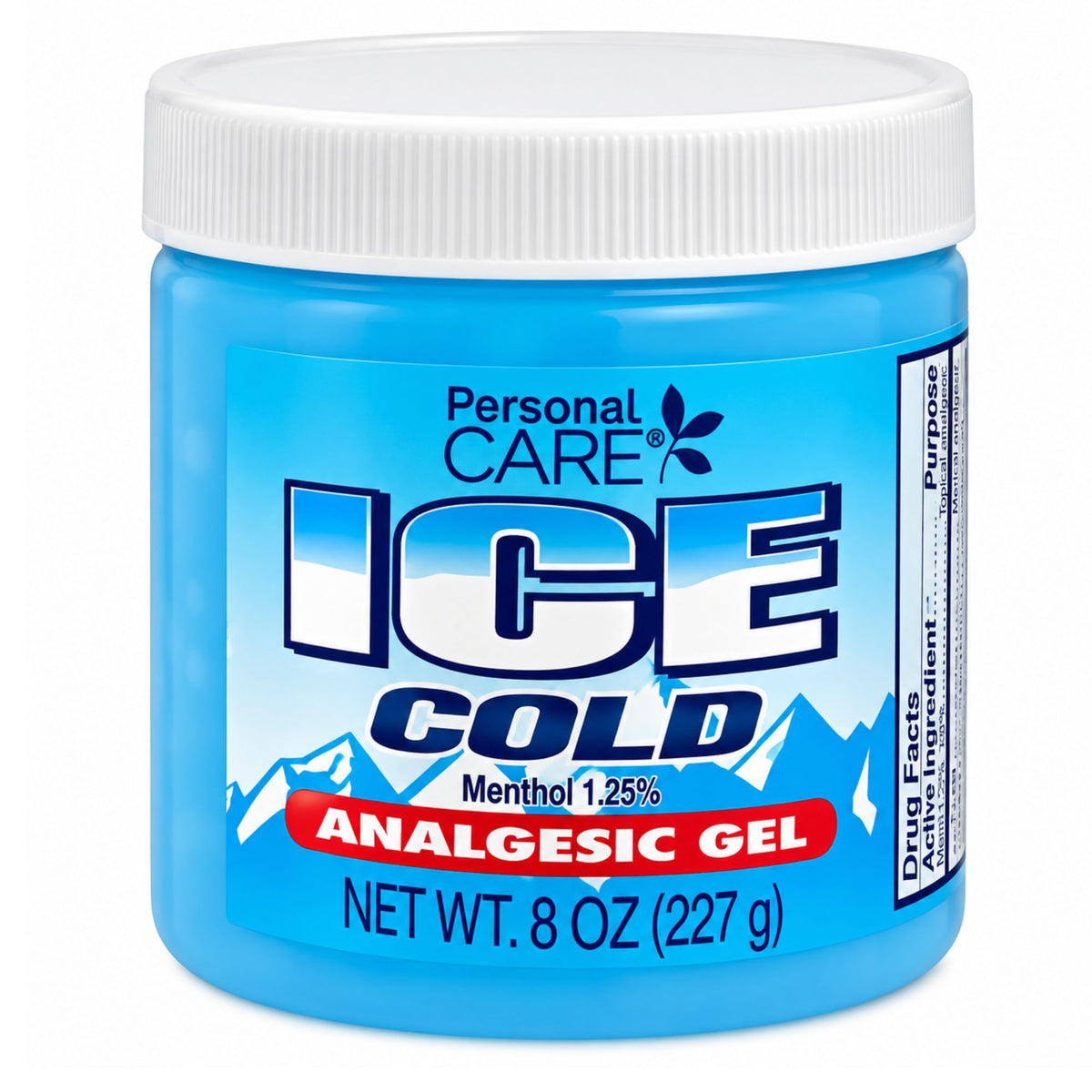 A 8 oz jar of Personal Care Ice Cold Analgesic Gel with a white ribbed cap and a blue label featuring white and red text.
