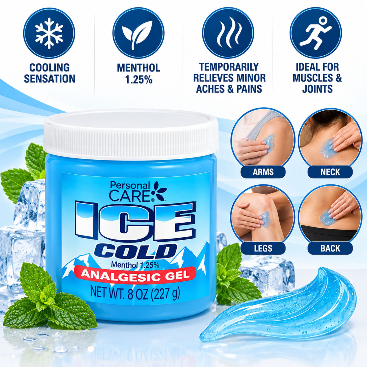 Personal Care Ice Cold Analgesic Gel in a blue jar with a white lid, shown with ice cubes, mint leaves, and a blue gel strip on a light blue background. Text highlights cooling sensation, menthol 1.