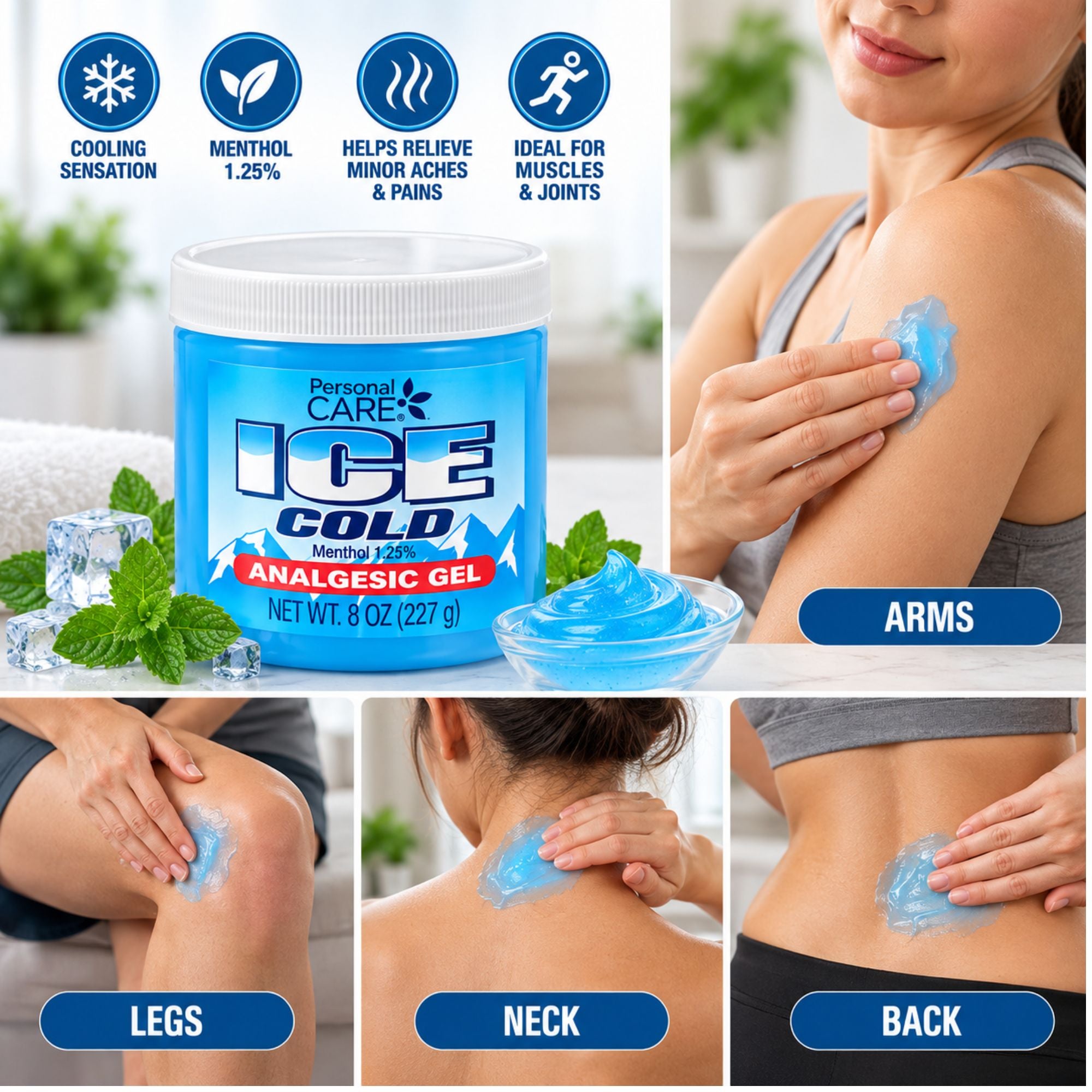 Purcell Care Ice Cold Analgesic Gel jar shown with a bowl of blue gel and four inset photos demonstrating application on arms, legs, neck, and back. Text highlights cooling sensation, menthol, pain relief, and ideal use for muscles and joints.