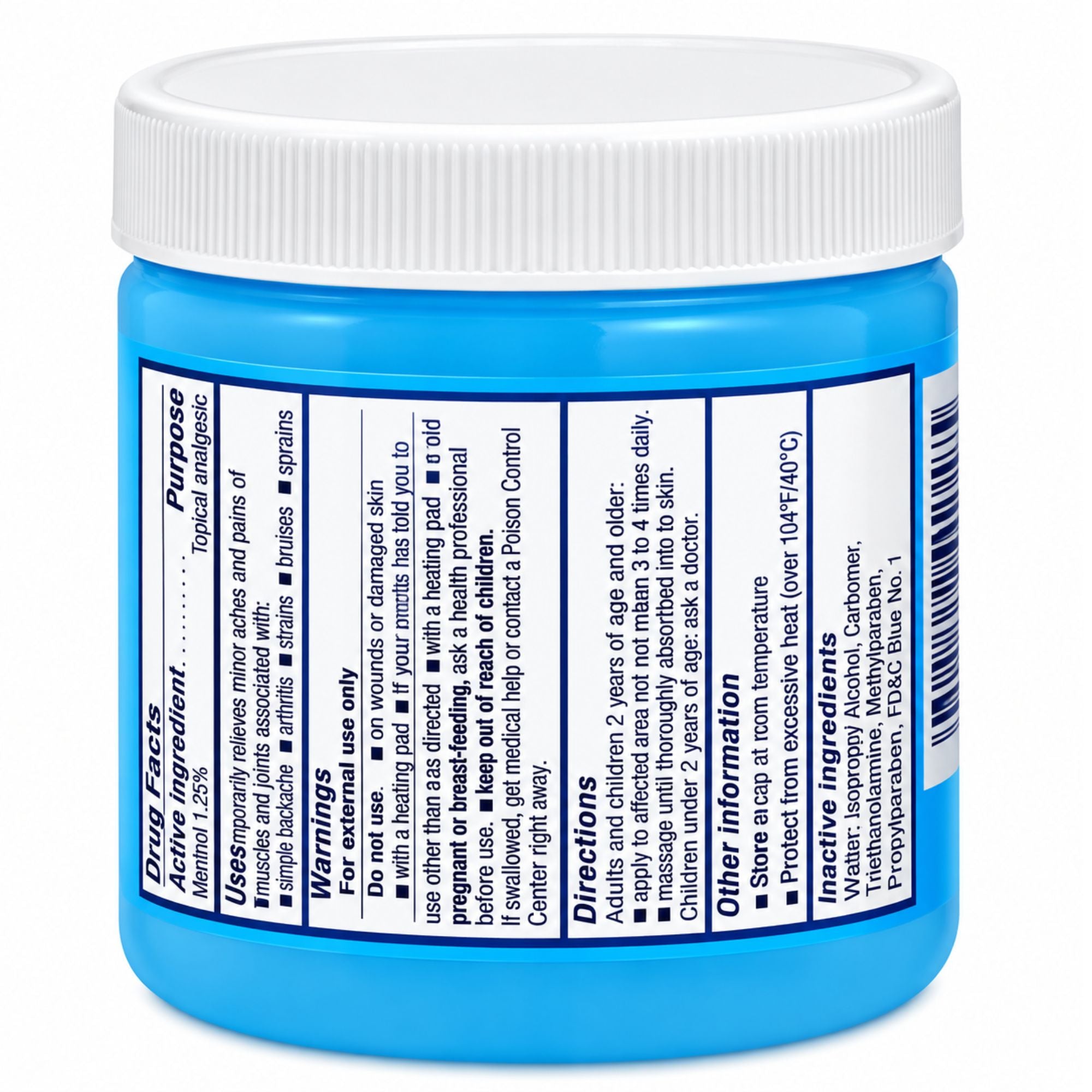 A blue plastic jar with a white screw cap, showing the back label with text details, photographed against a clean white background.